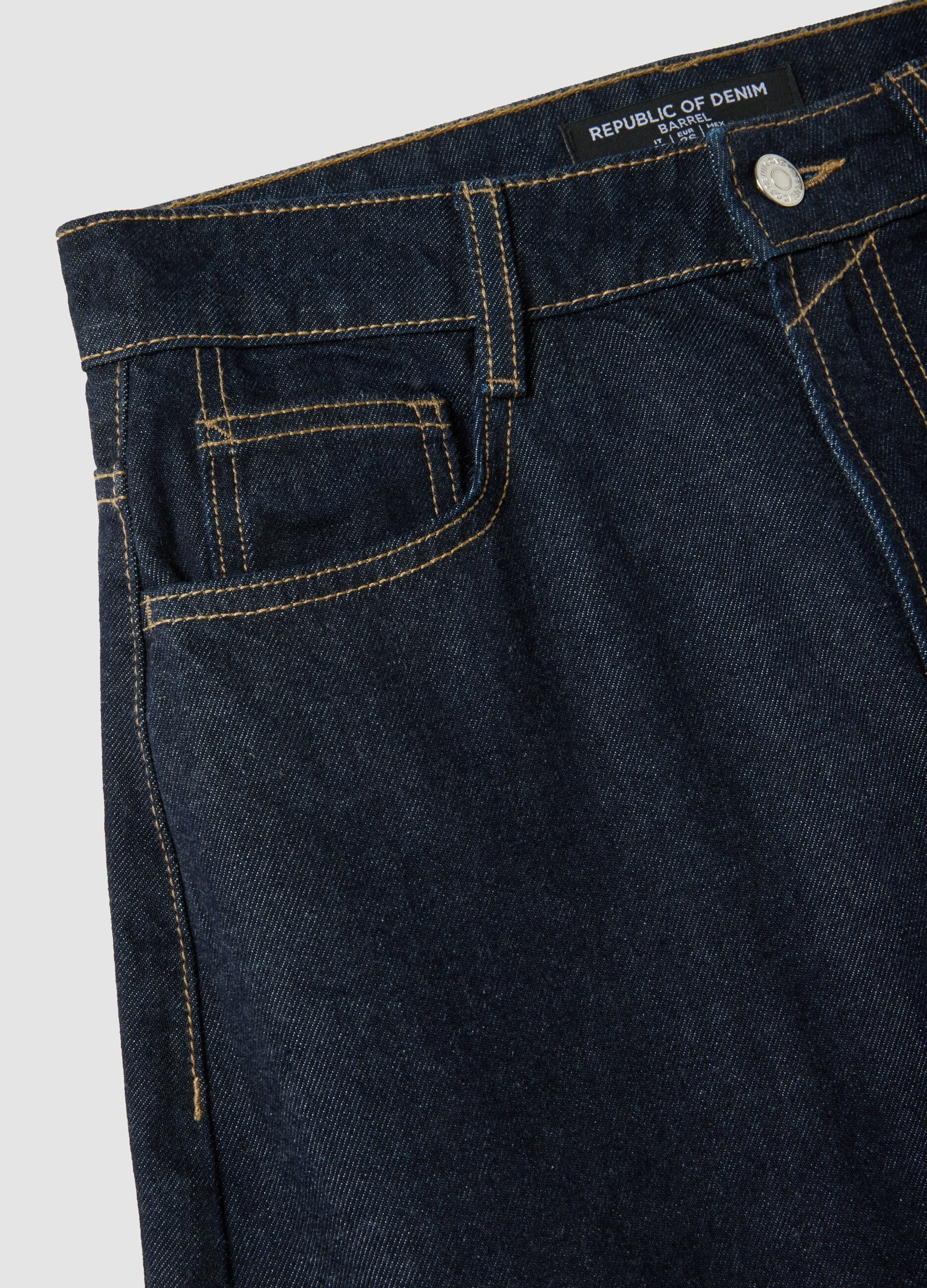 Dark wash pure cotton denim barrel-fit jeans