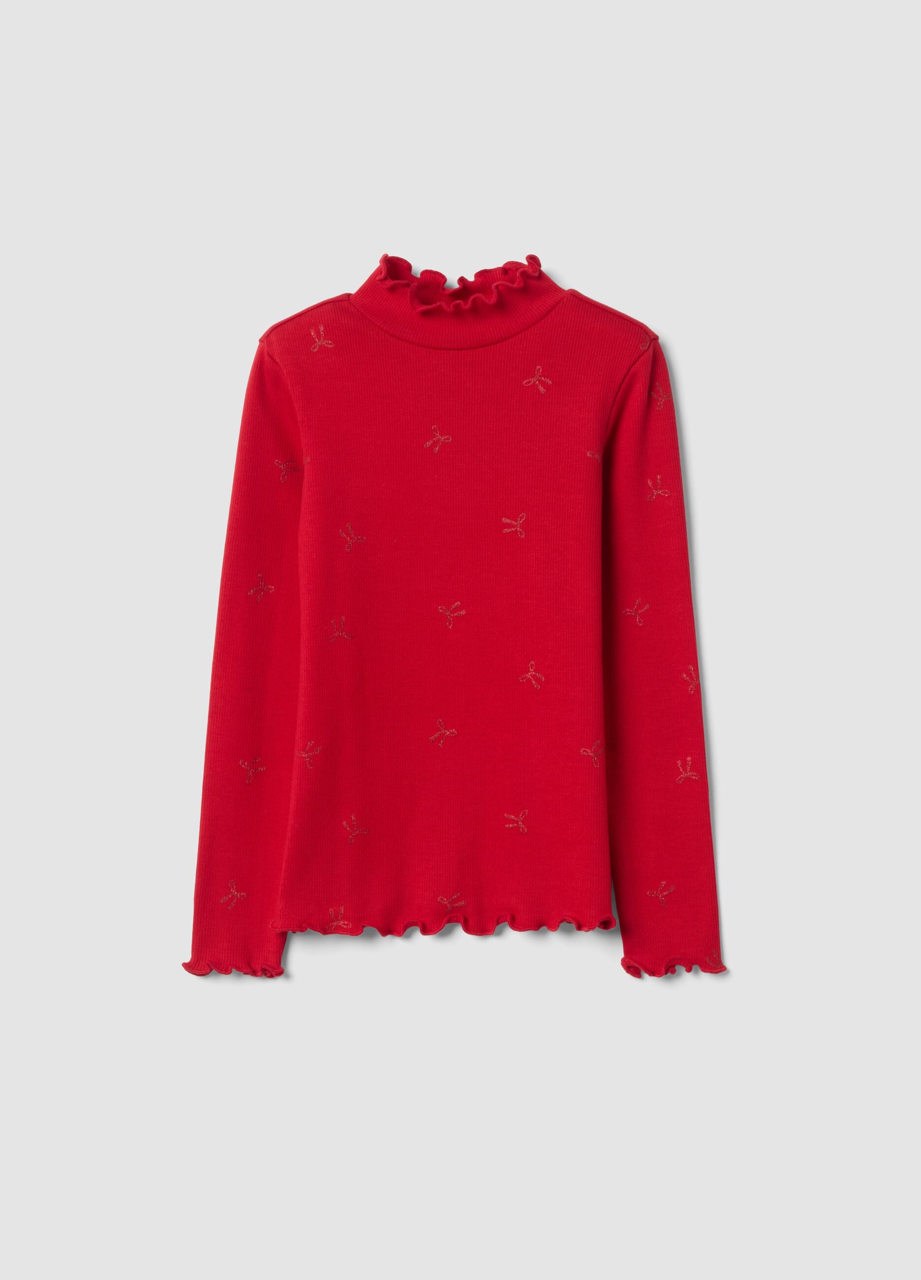 Maglia rossa in cotone elasticizzato con fiocchi glitter