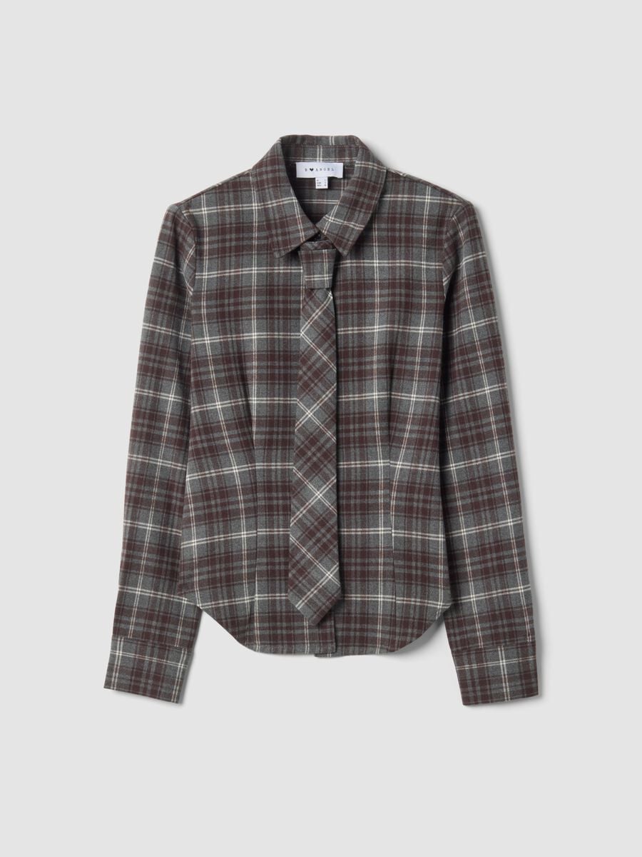 Grey stretch viscose flannel shirt with tie, slim fit_0