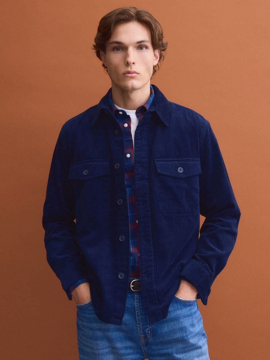 Shacket blu in puro cotone a coste over fit_1