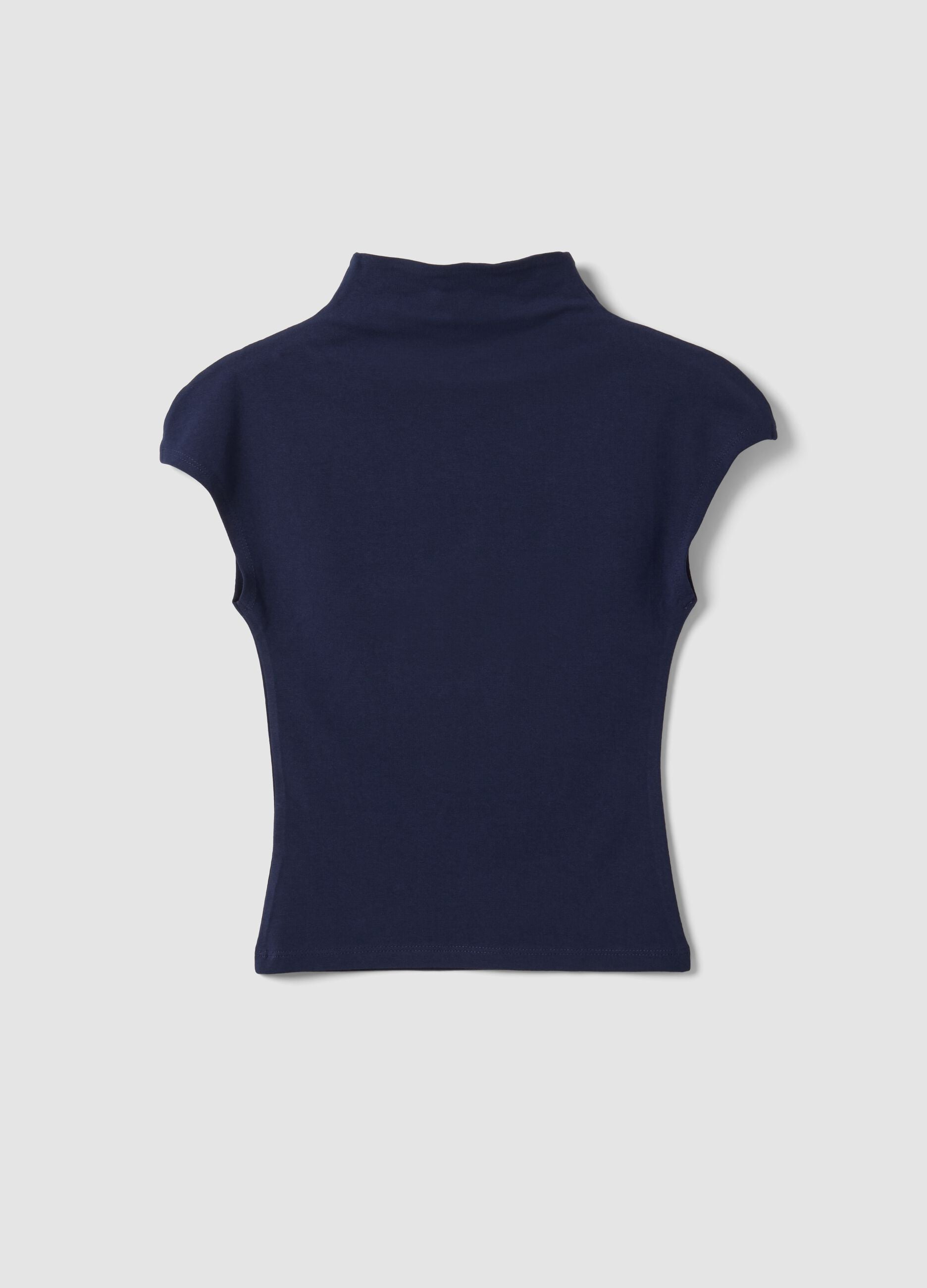 Blue fitted high-neck T-shirt in modal and stretch cotton