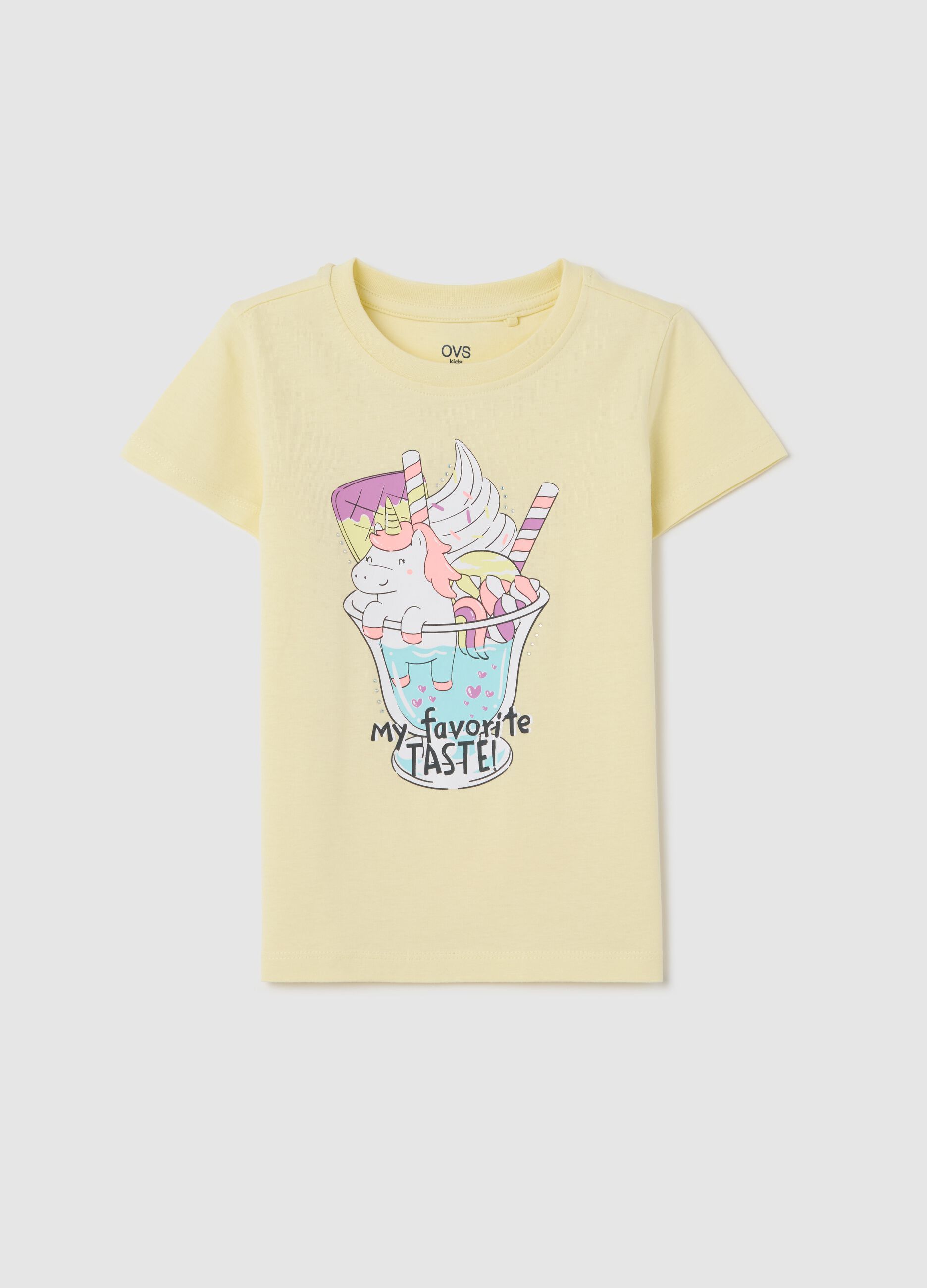 Yellow cotton T-shirt with unicorn print