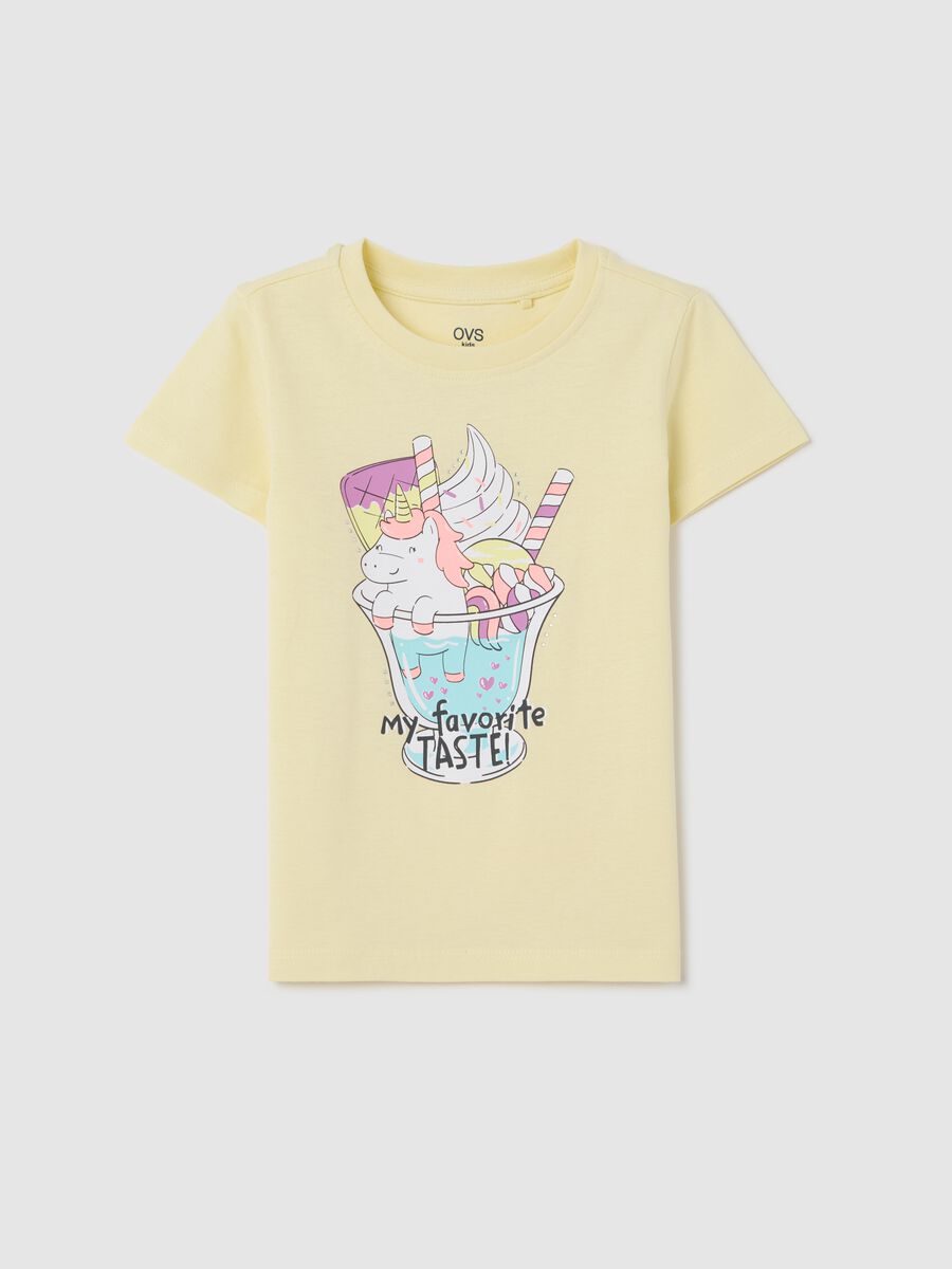 Yellow cotton T-shirt with unicorn print_0