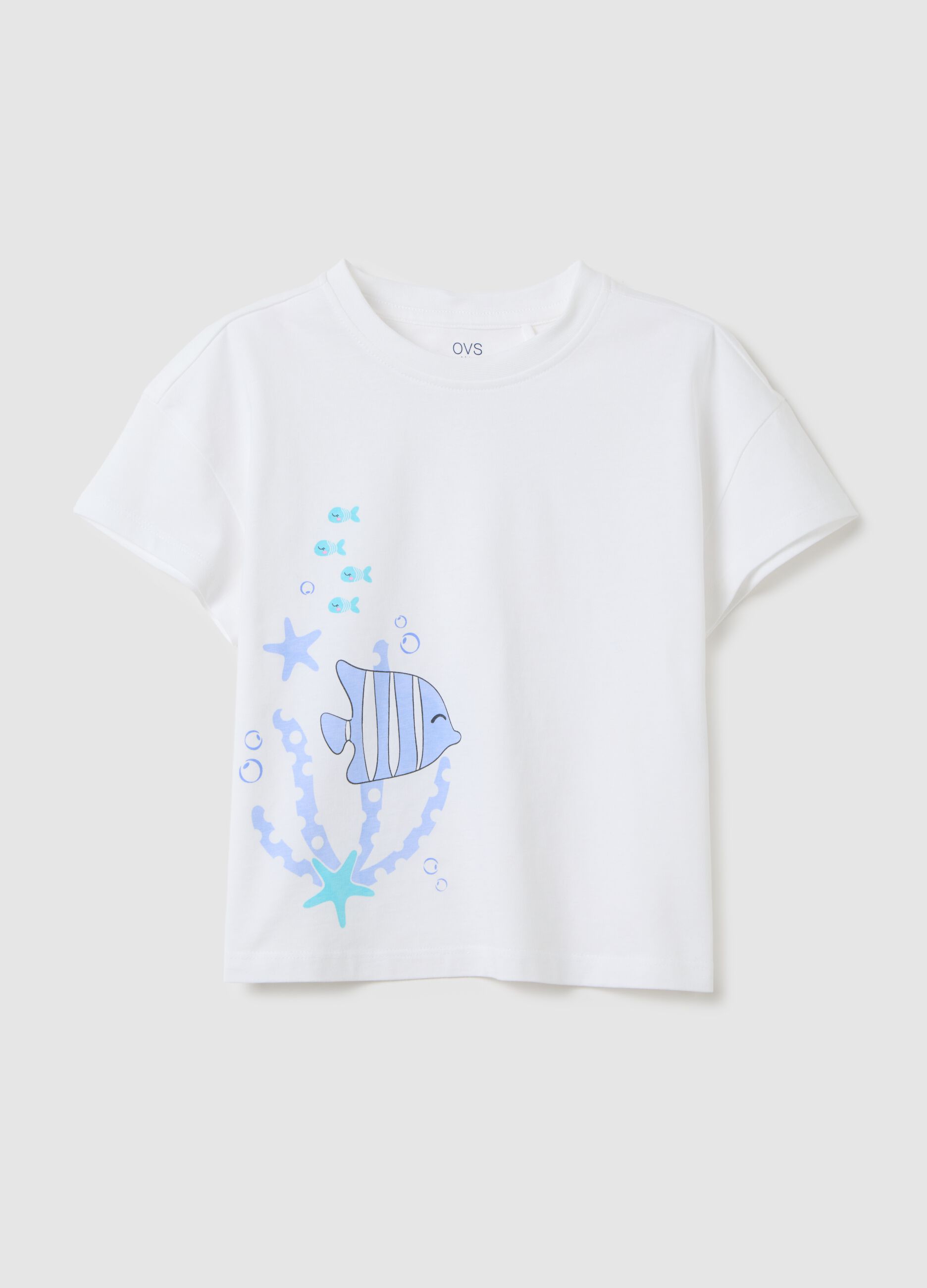 White T-shirt with fish print in organic cotton OVS Kids