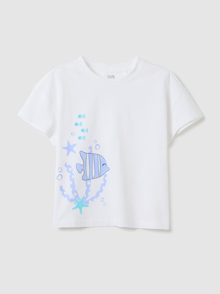 White T-shirt with fish print in organic cotton OVS Kids_0