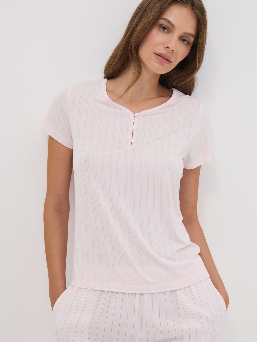 Pink stretch viscose pyjama T-shirt with V-neck_0