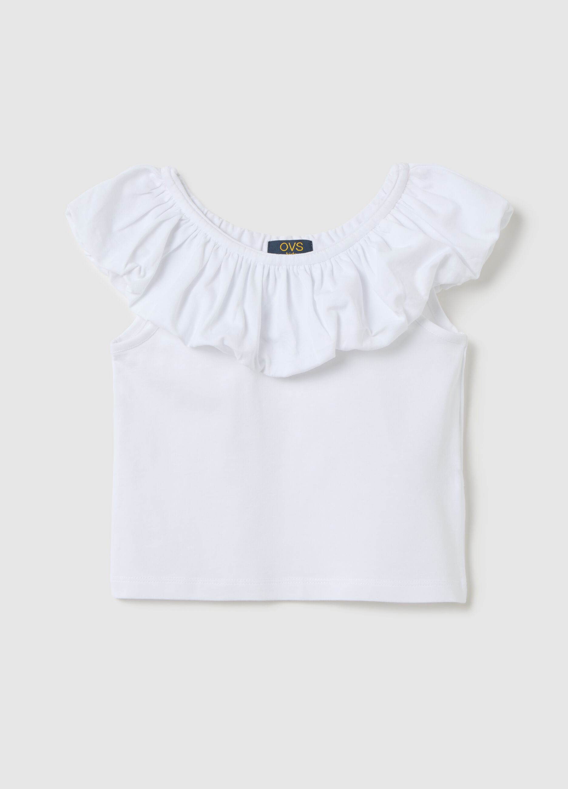 White T-shirt with ruffle neckline