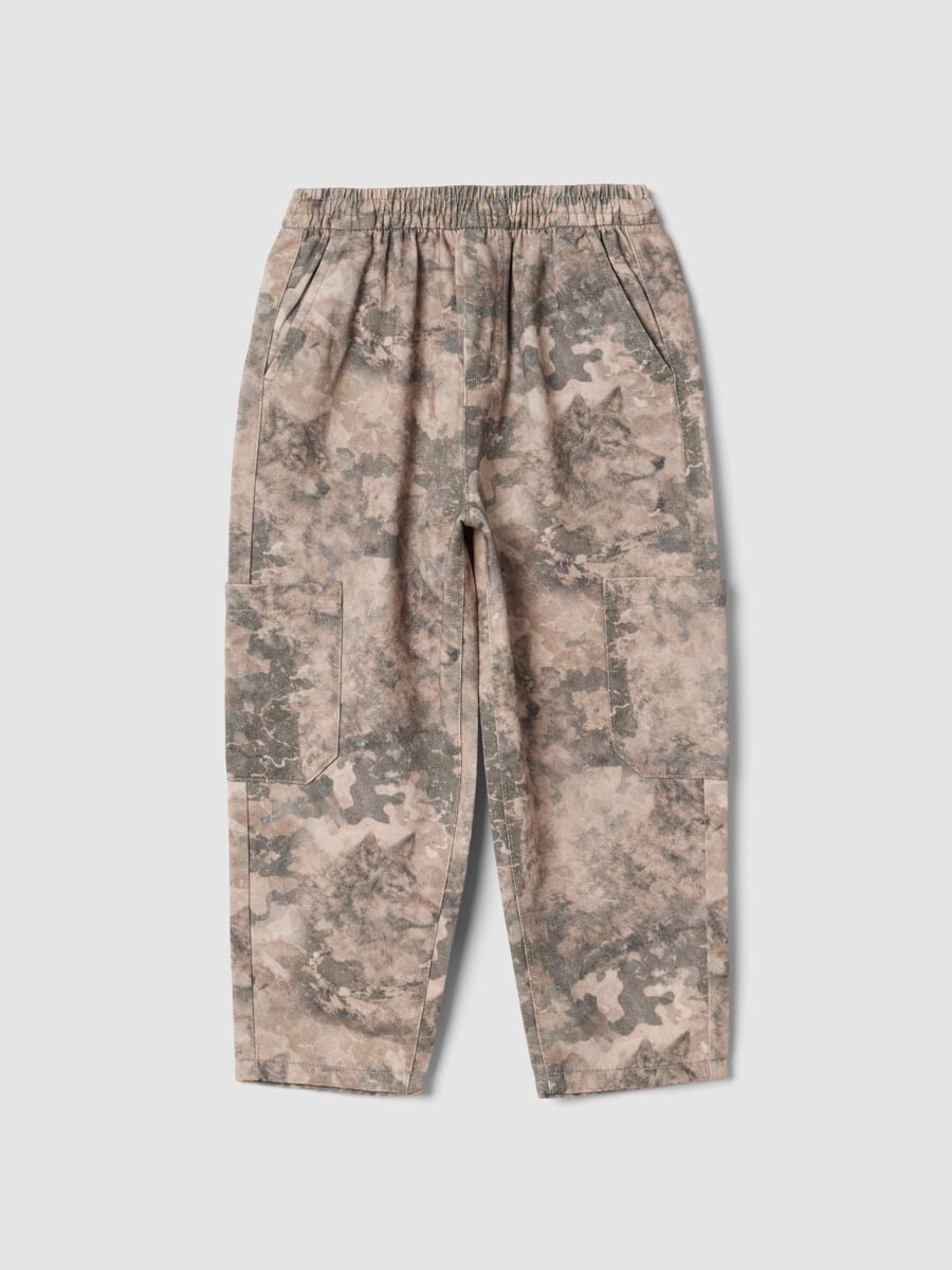 Pantaloni baggy cargo camouflage beige e grigio tortora in puro cotone_0