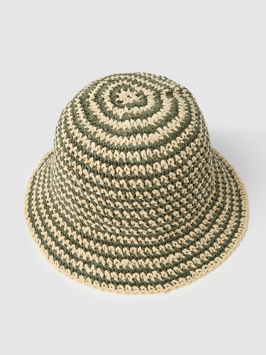 Green and beige striped cloche hat made of textile paper_2