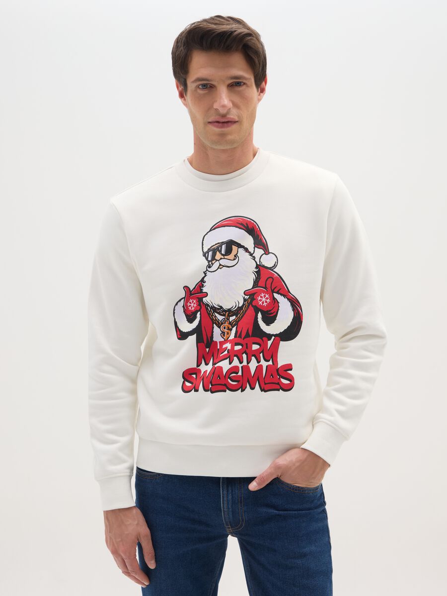 Felpa bianca in misto cotone regular fit con stampa natalizia_0