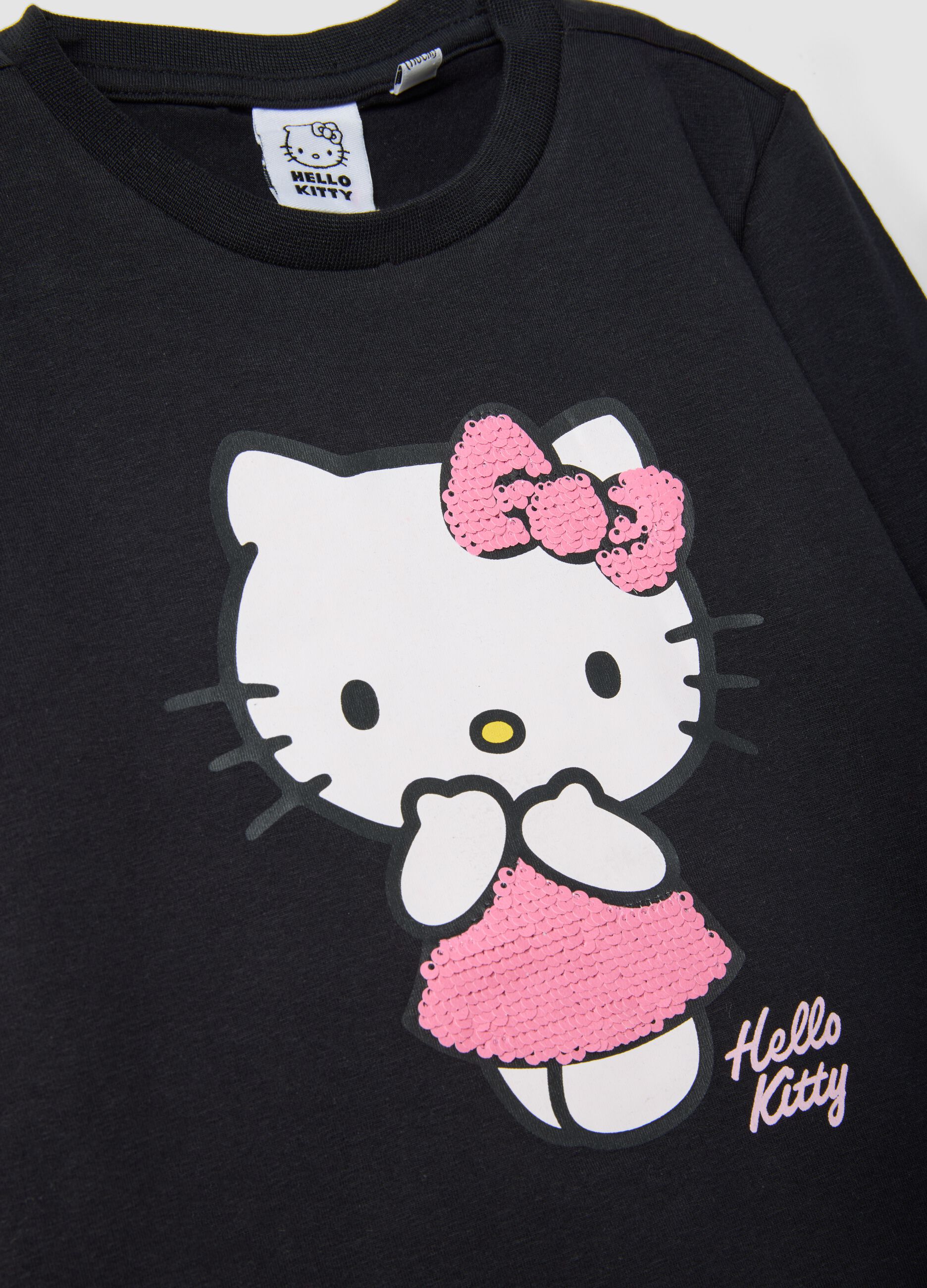 T-shirt nera in cotone elasticizzato con stampa Hello Kitty per bambina
