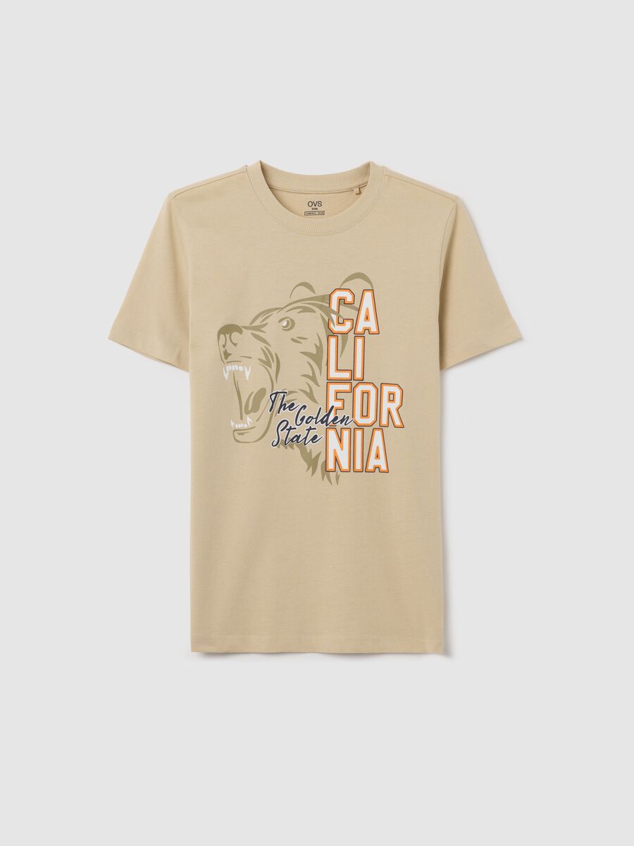 T-shirt beige in cotone con stampa_0