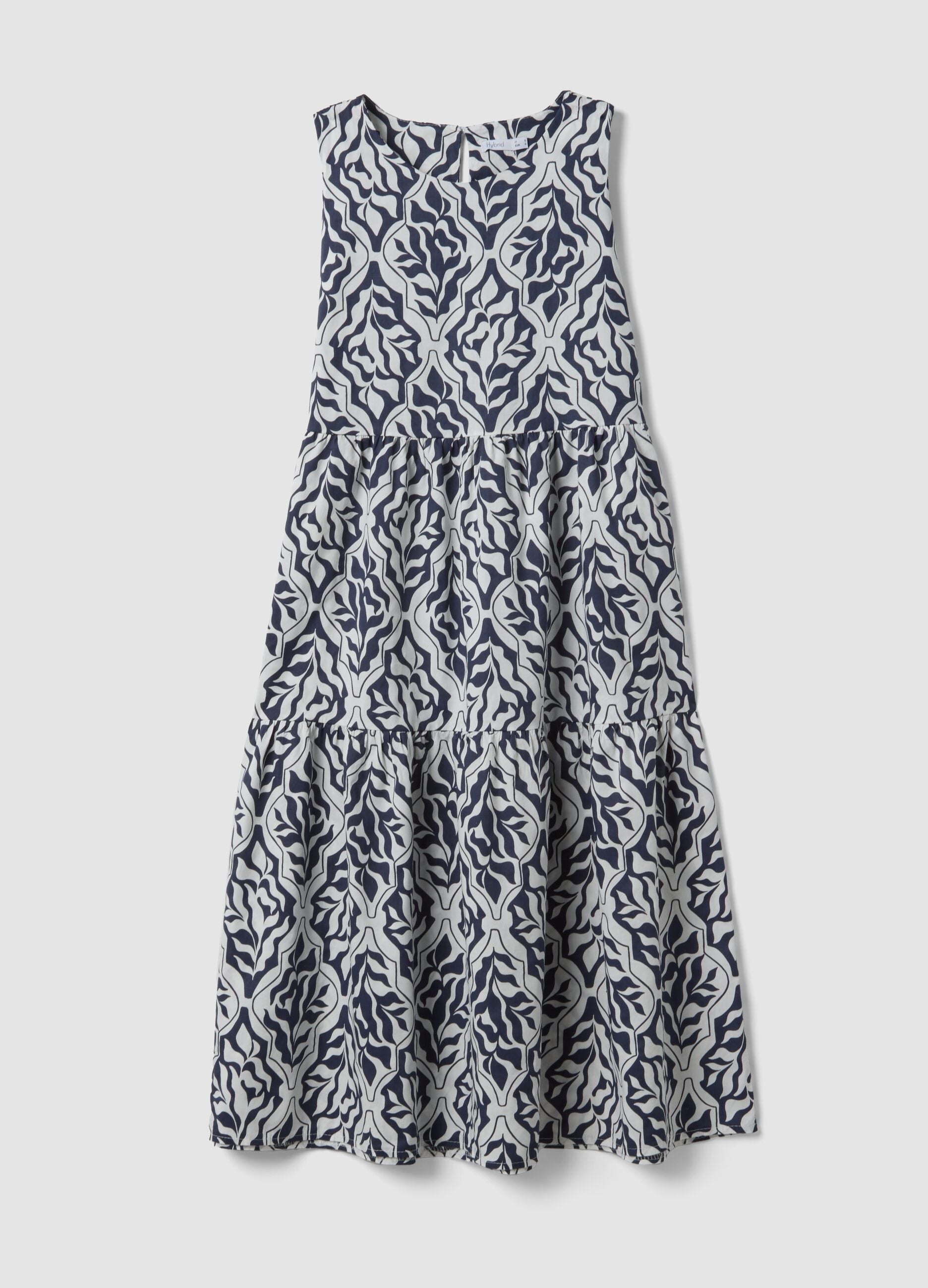 Blue stretch cotton midi dress with all-over print, regular fit