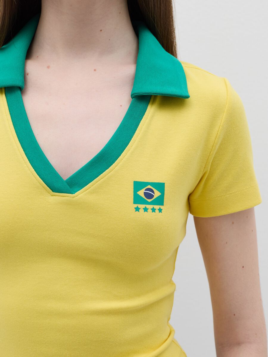 Yellow T-shirt with polo neck and "Brasile" print_2