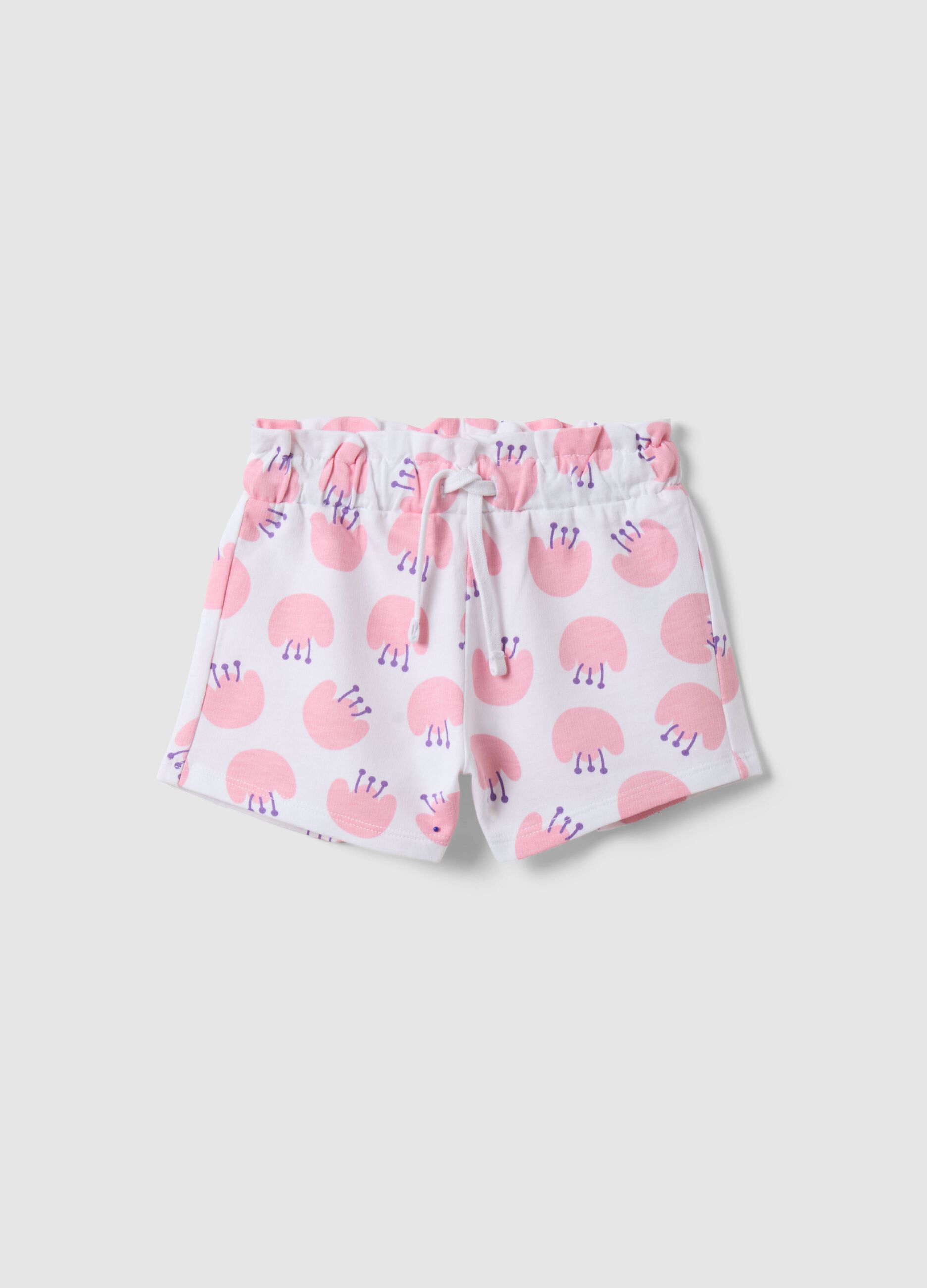 White cotton shorts for girls, regular fit with prints
