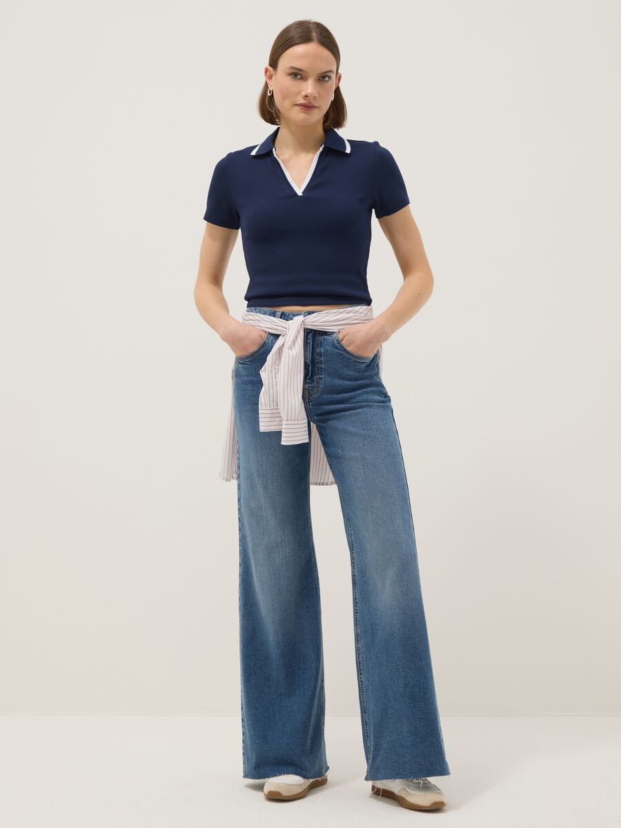 Polo in cotone elasticizzato blu regular fit con collo a contrasto_1