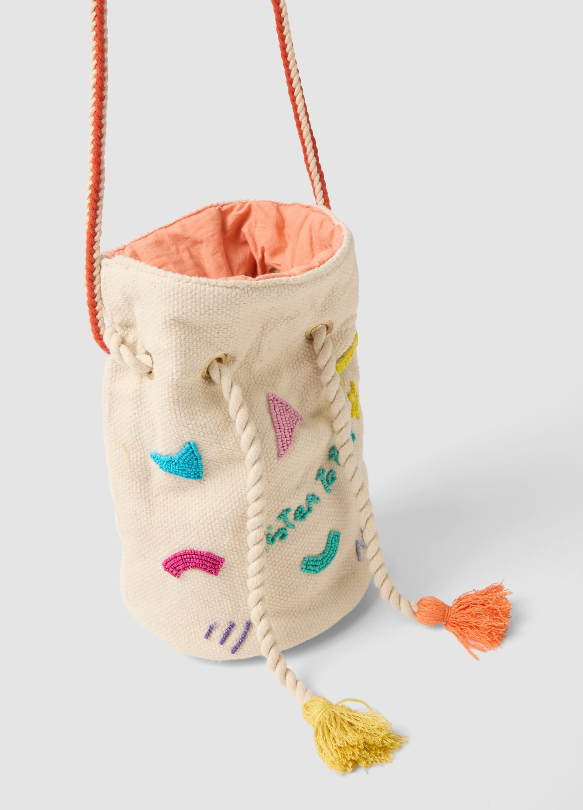 White pure cotton bucket bag with colourful crochet details