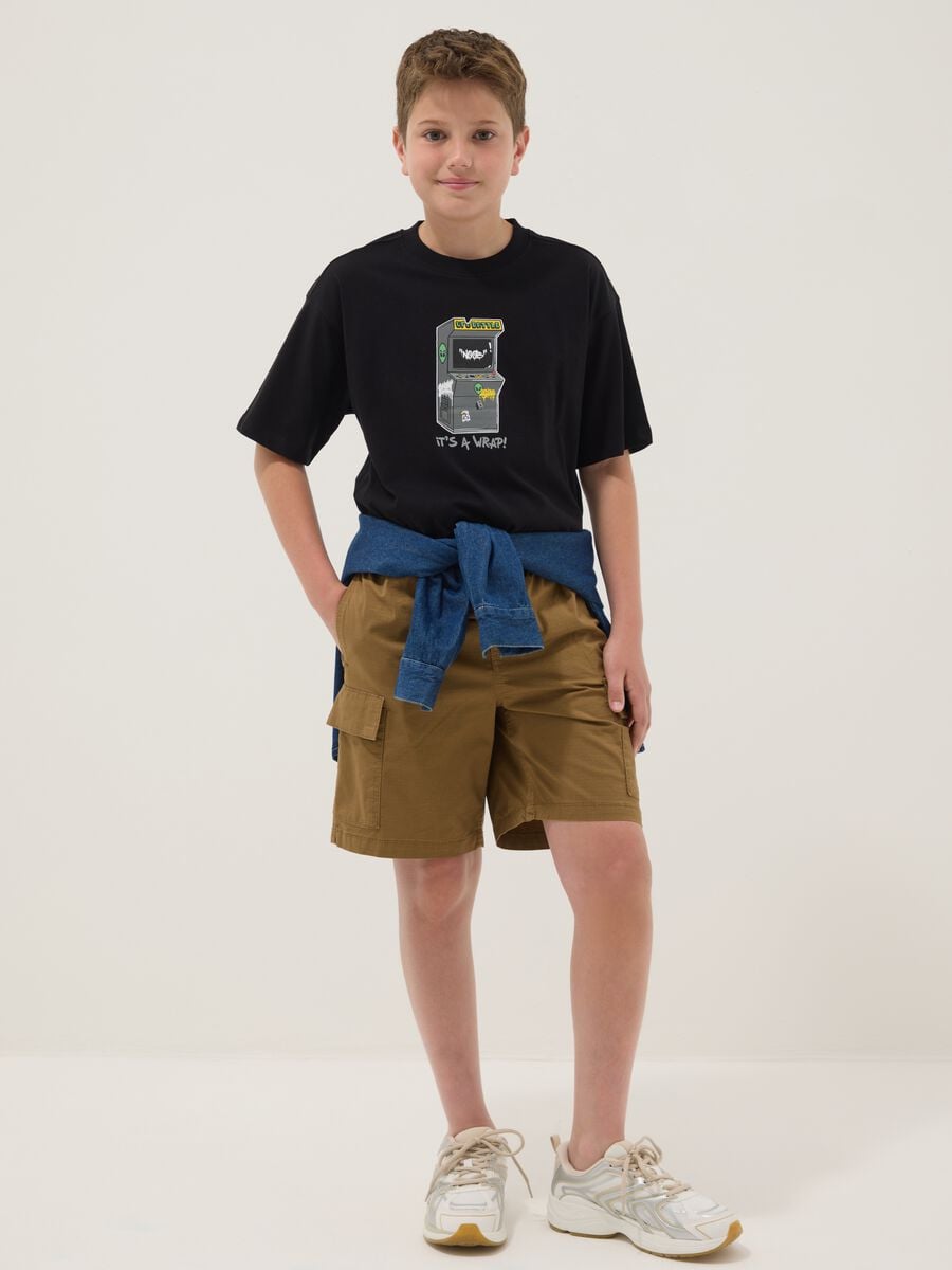 Boys&rsquo; brown stretch cotton cargo shorts, comfort fit_0