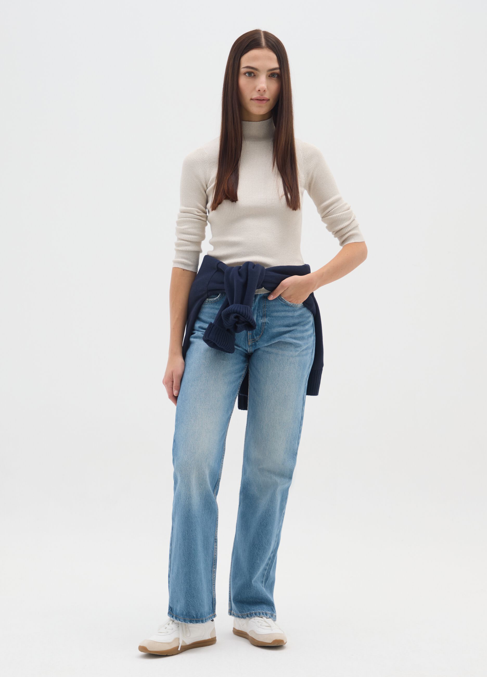 Beige Roll Neck Sweater with Fitted Fit