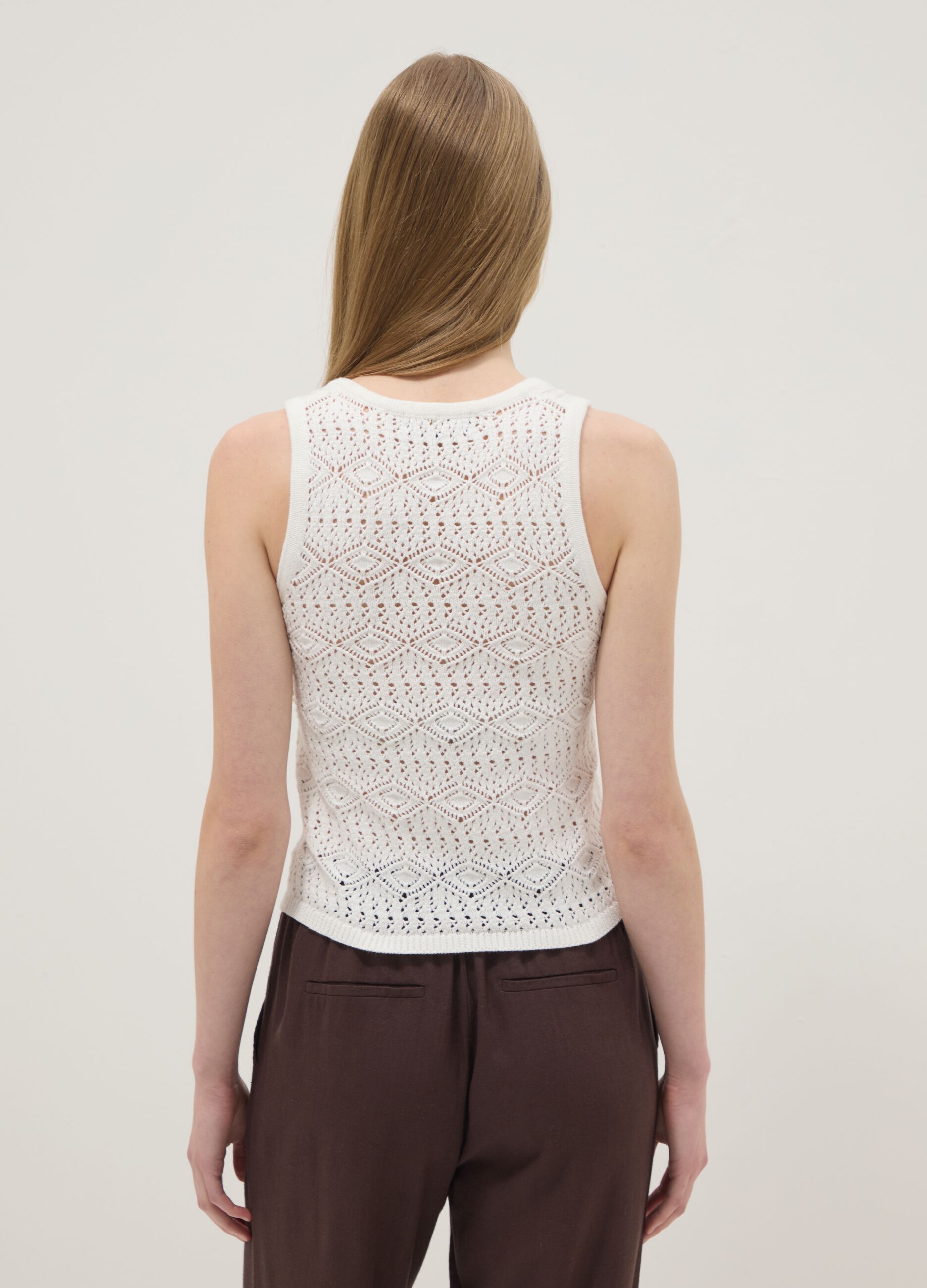 White pure cotton regular-fit tank top with openwork knit pattern