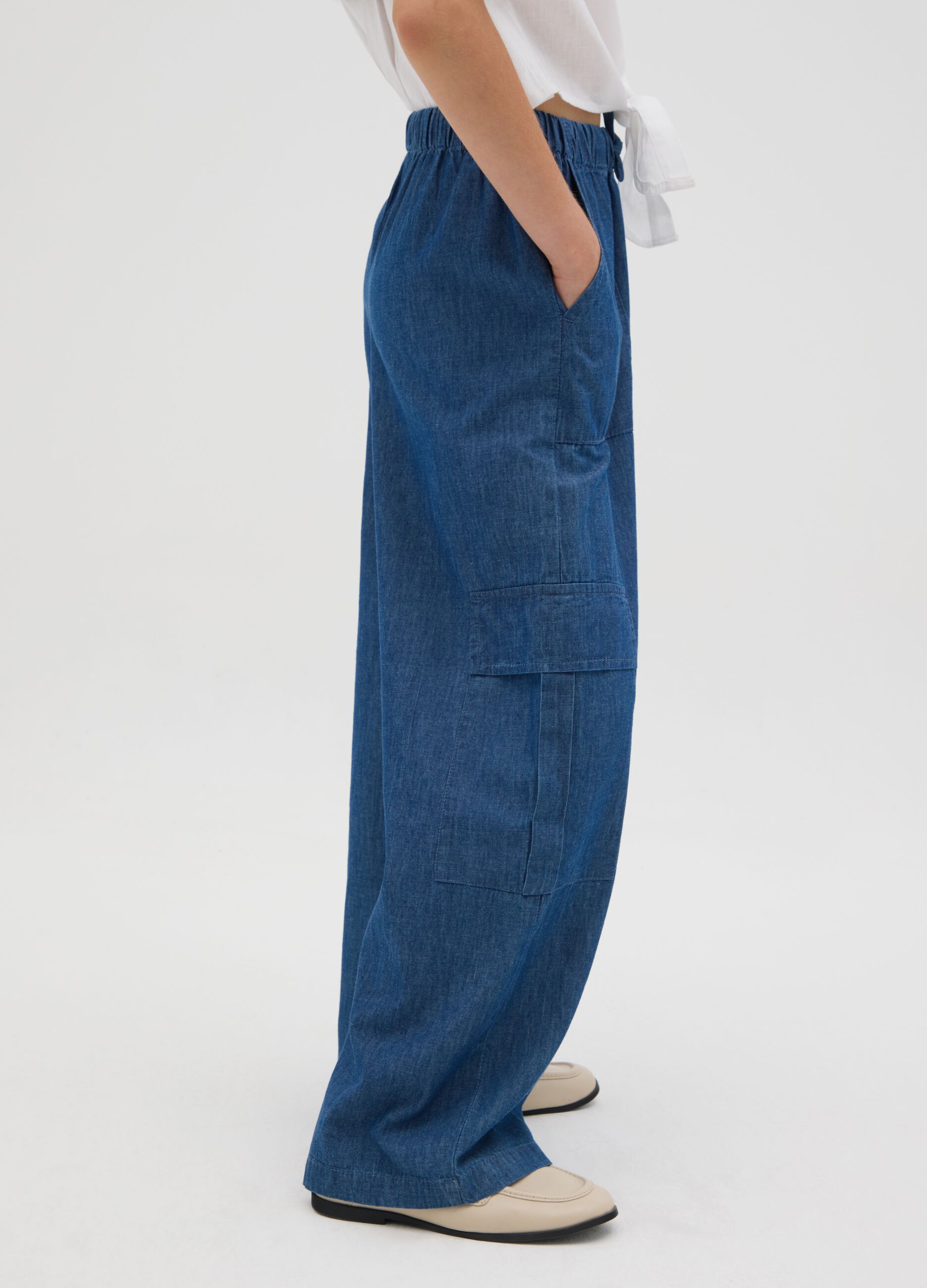 Girls' wide blue cargo trousers in pure cotton