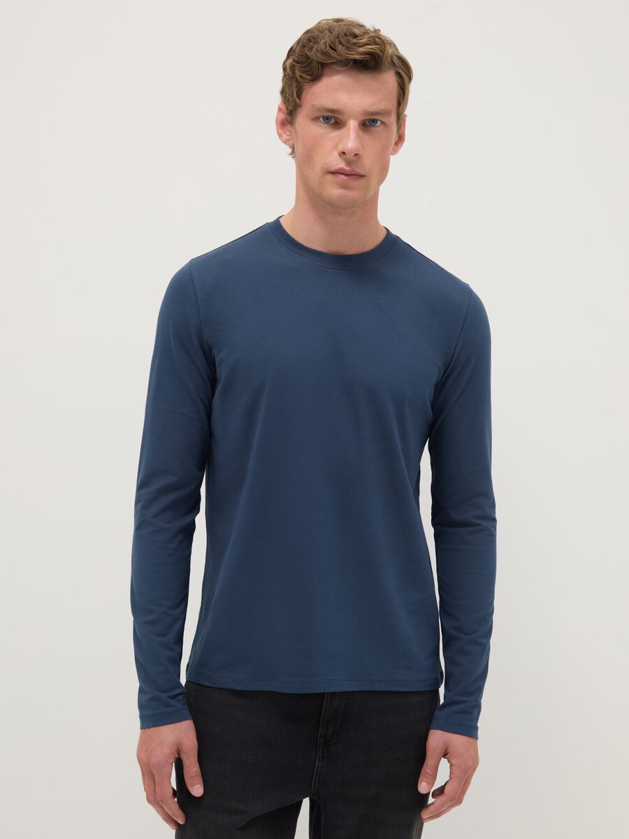 Regular fit blue long sleeve stretch cotton t-shirt_0
