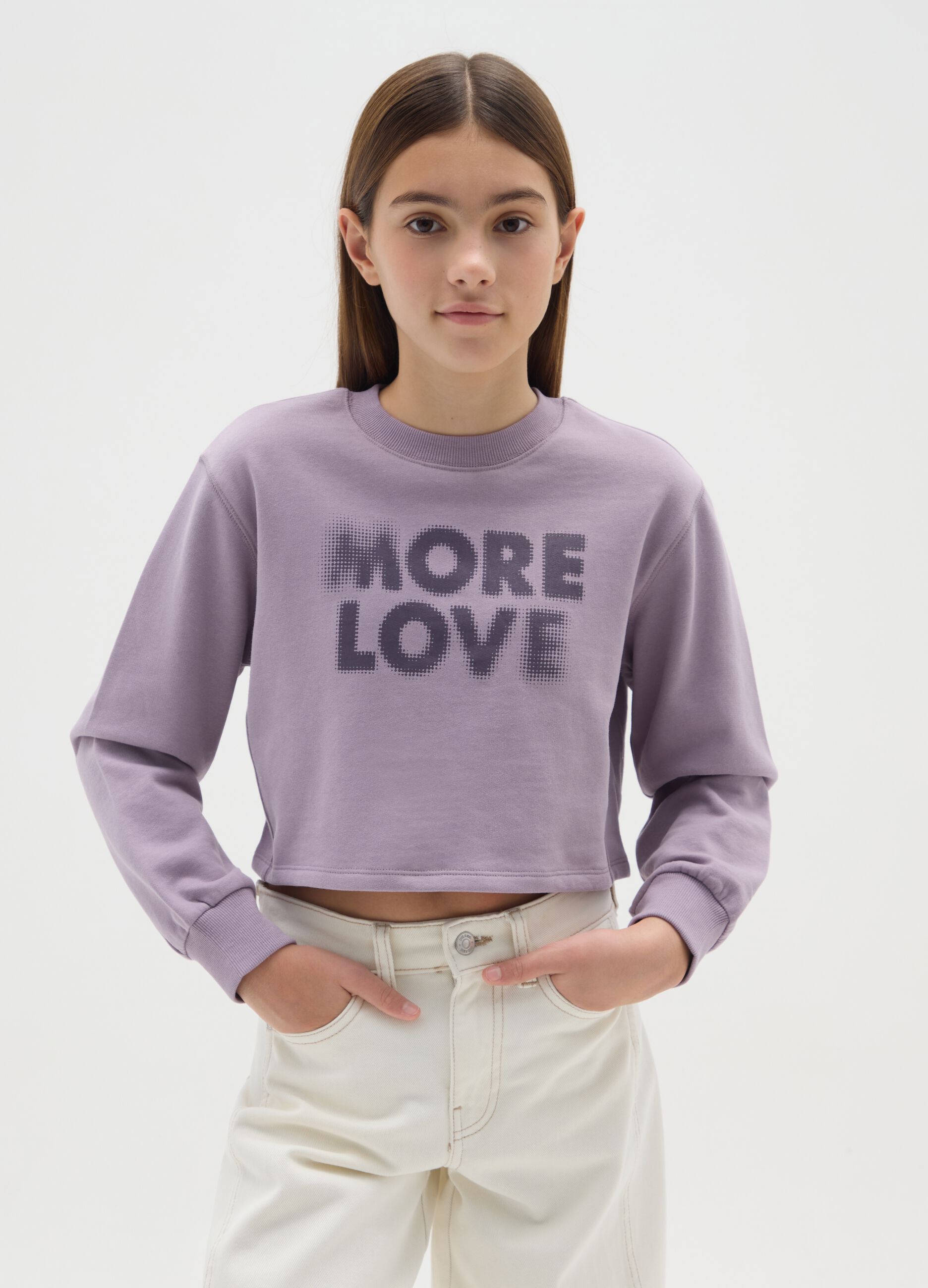 Girls' purple cotton sweatshirt regular fit with round neckline