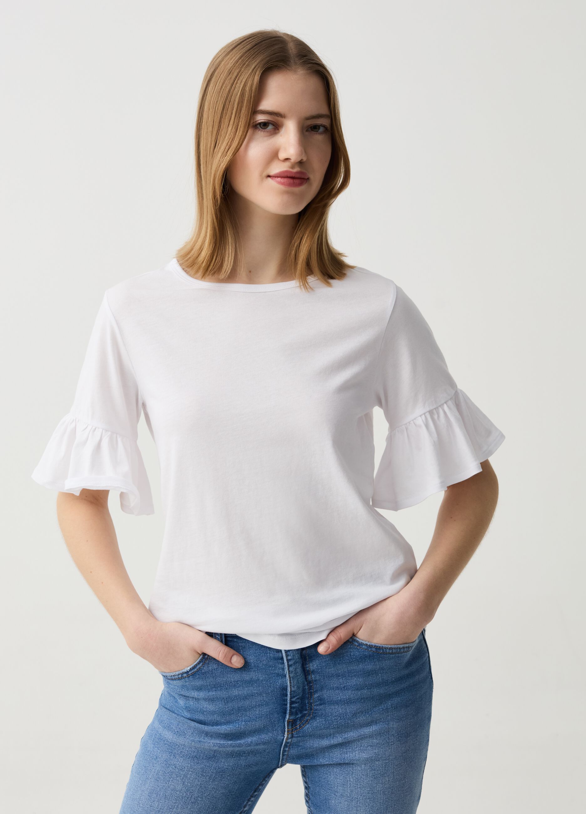 Cotton T-shirt with flounces