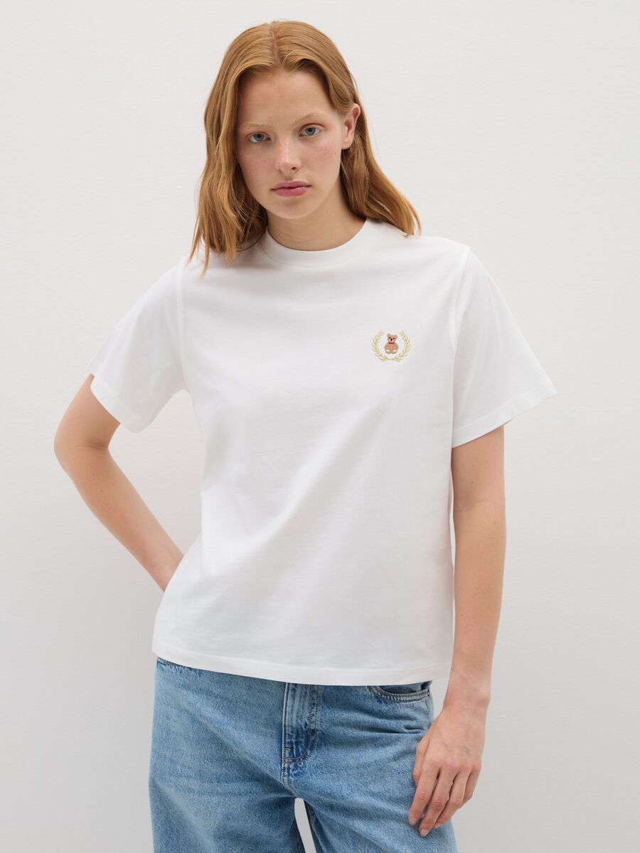 White pure cotton T-shirt relaxed fit with emblem_1
