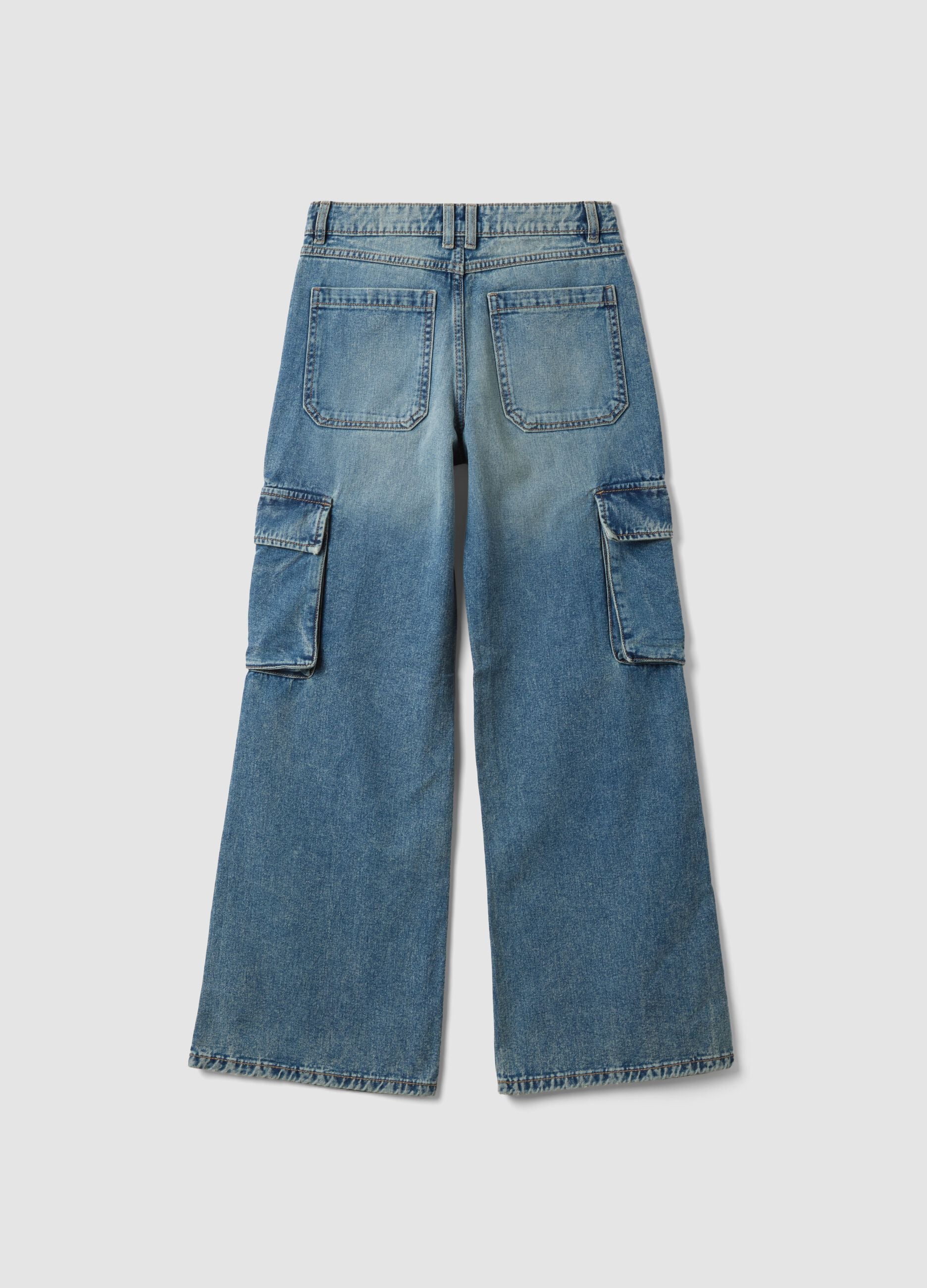 Blue pure cotton denim cargo jeans, relaxed fit for girls