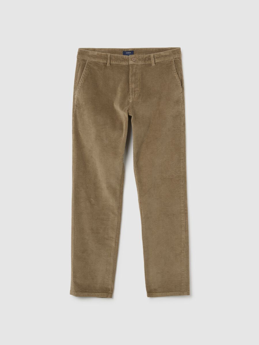 Pantaloni marroni in cotone elasticizzato a coste regular fit_0