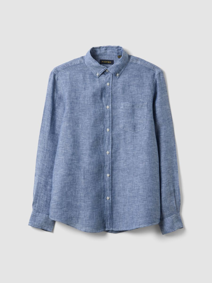 Camicia azzurra in puro lino con collo button down regular fit_4