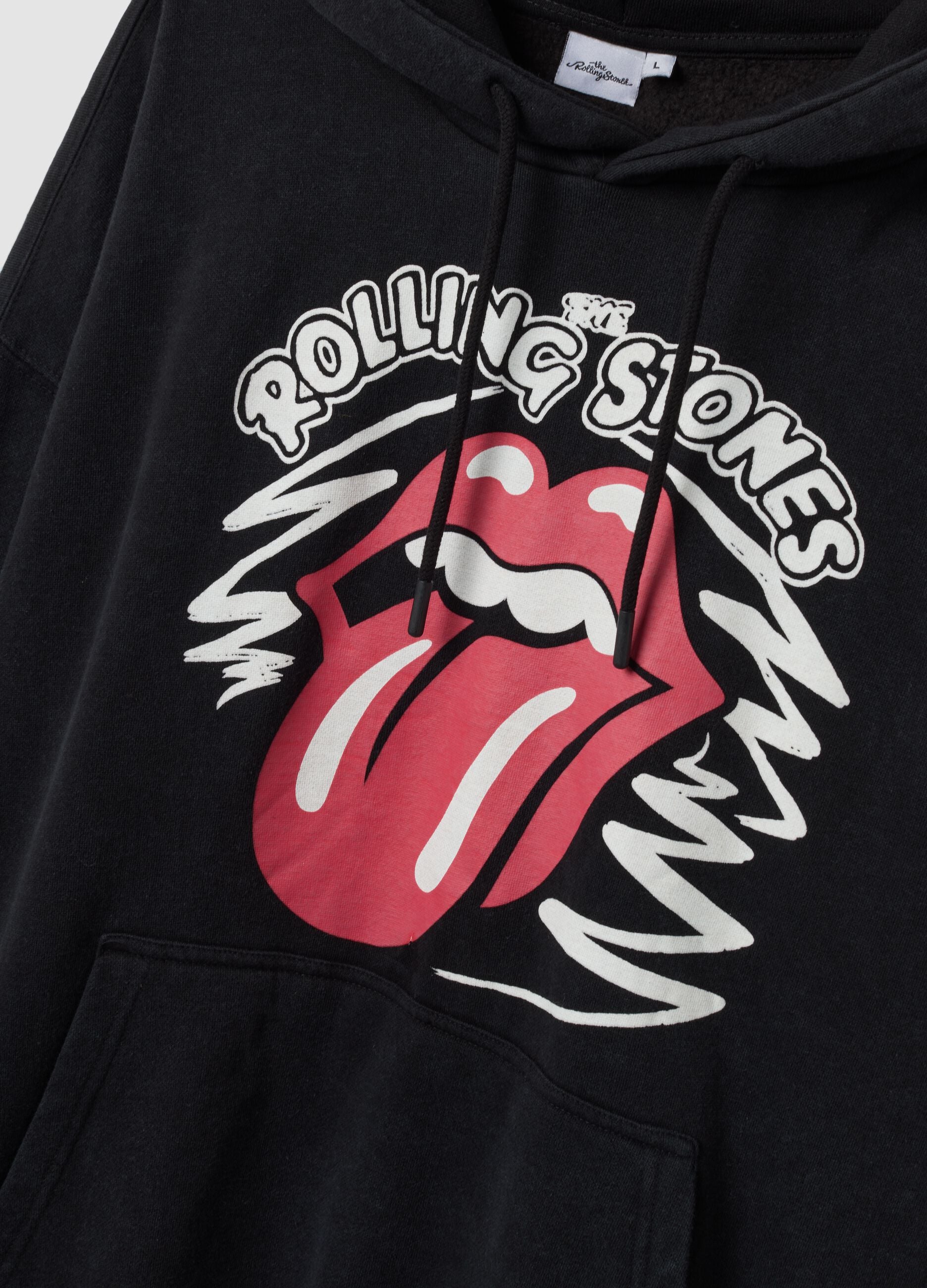 Black cotton-blend hooded sweatshirt with Rolling Stones print