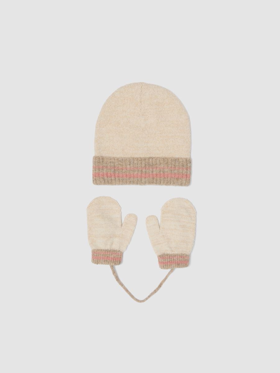 Set cappello e muffole beige in tessuto elasticizzato_0