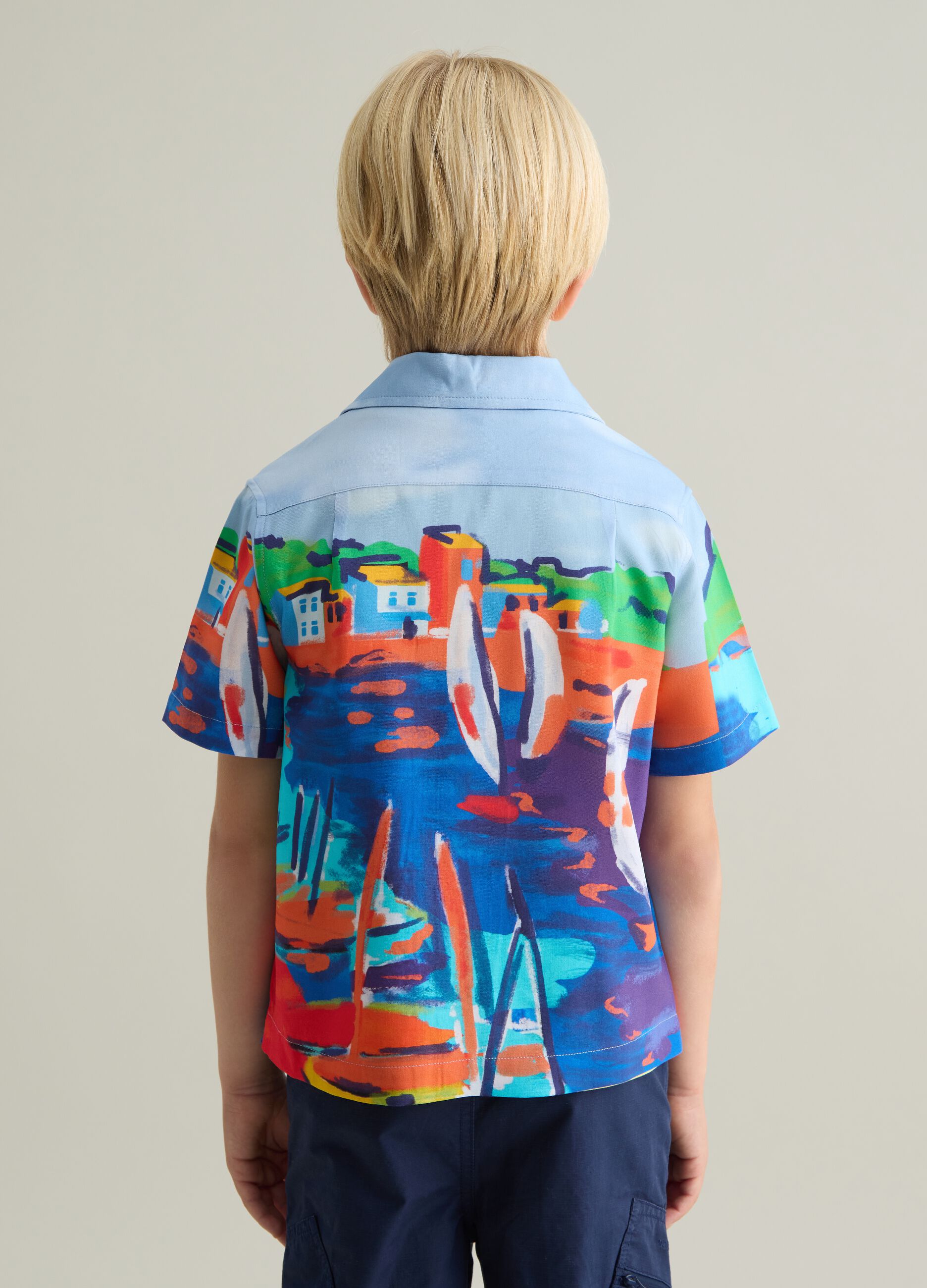 Multicolour pure viscose over fit boys' shirt with marine landscape print