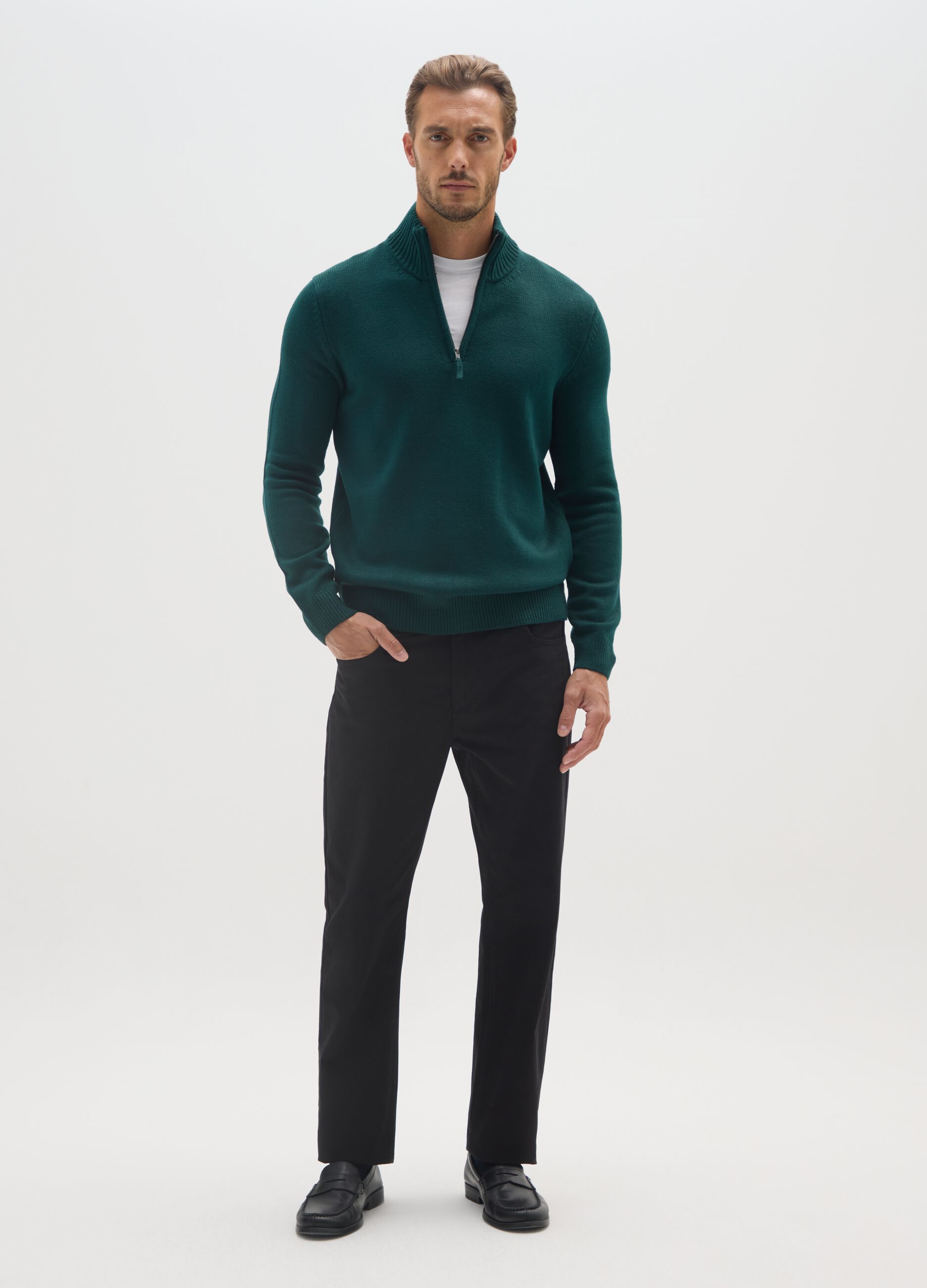Green Regular Fit High-Neck Sweater with Short Zip