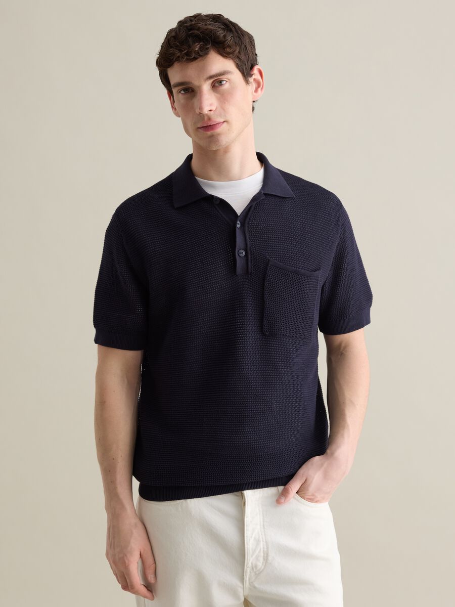 Blue polo shirt in openwork knit_0