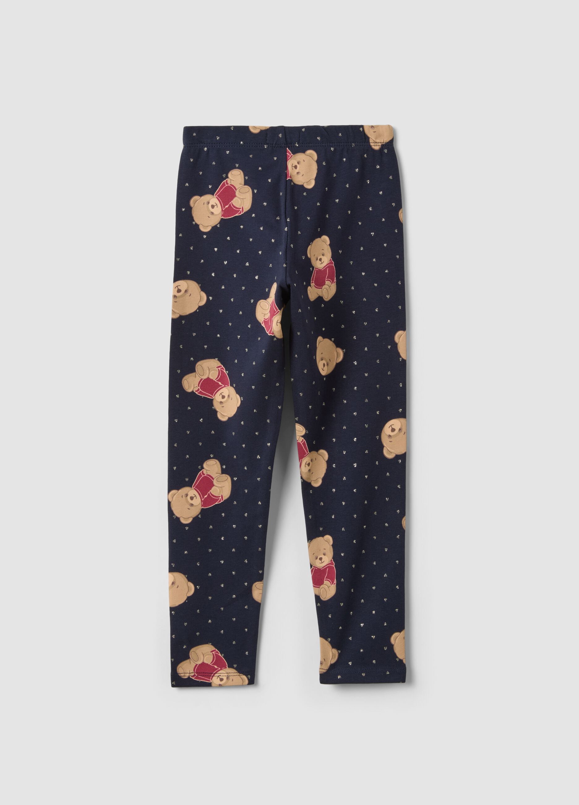 Leggings blu in cotone organico elasticizzato con stampa orsetti per bambina