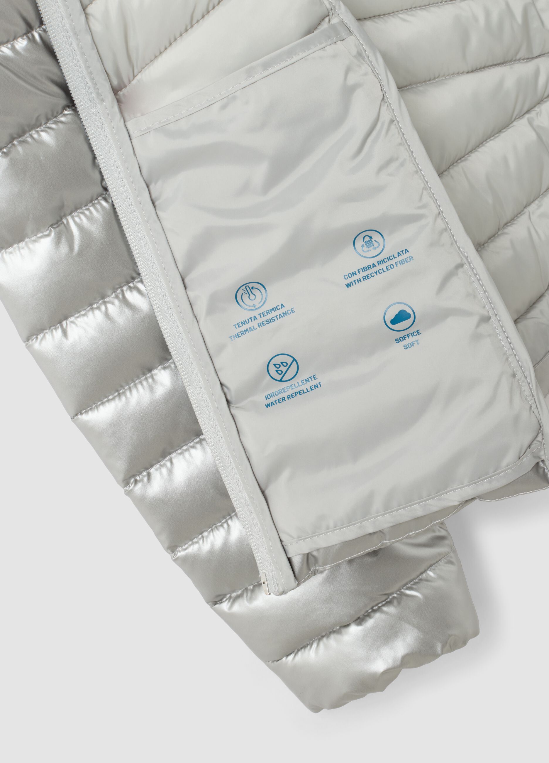 Grey ultralight padded jacket with hood and zip for girls