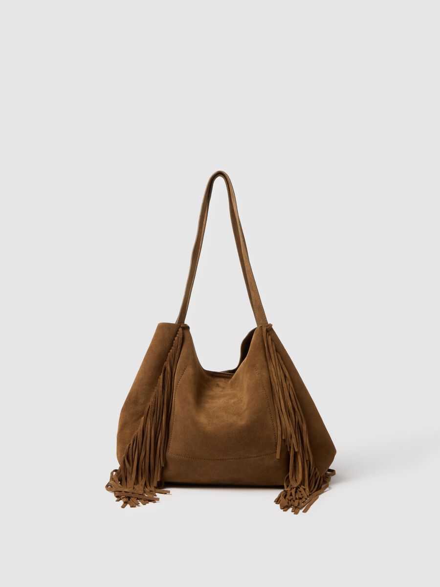 Borsa shopper in vera pelle marrone con frange_1