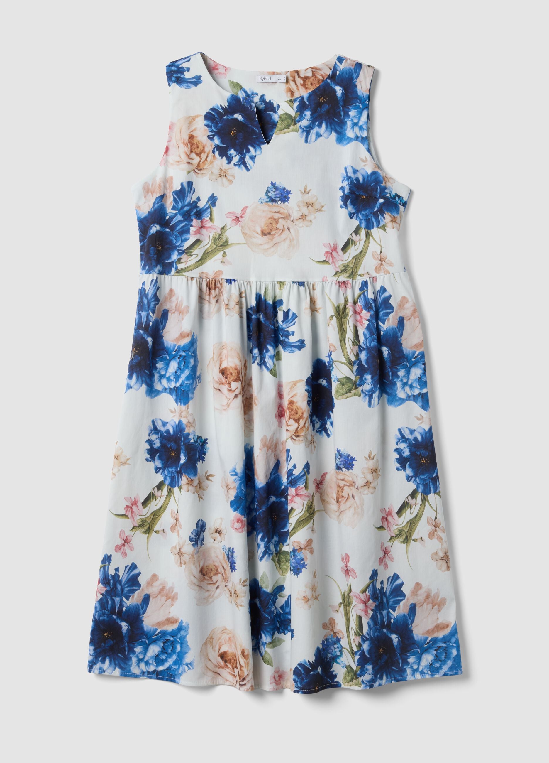 Abito midi bianco in cotone elasticizzato a fiori