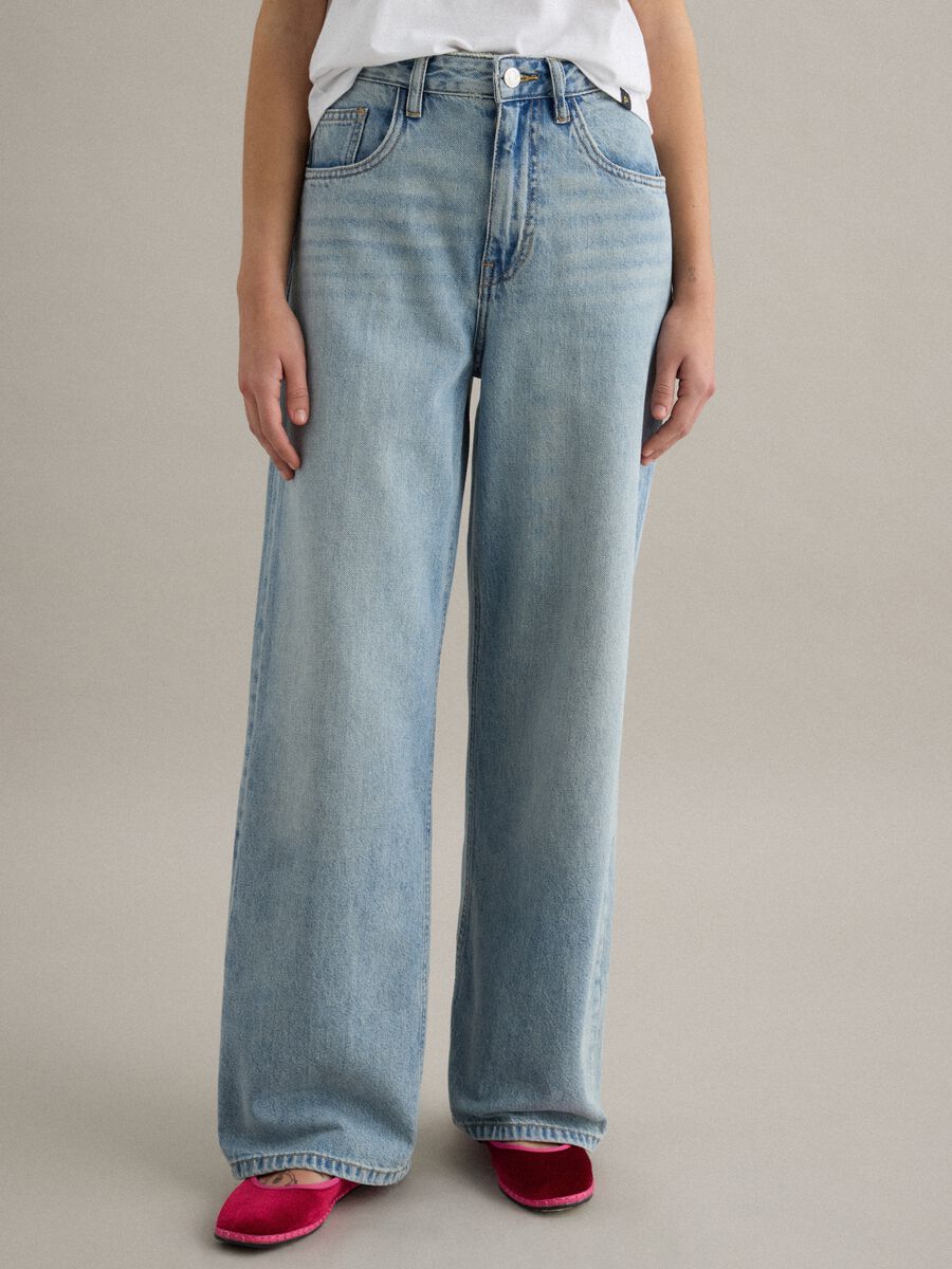 Straight leg blue denim jeans in pure cotton_1