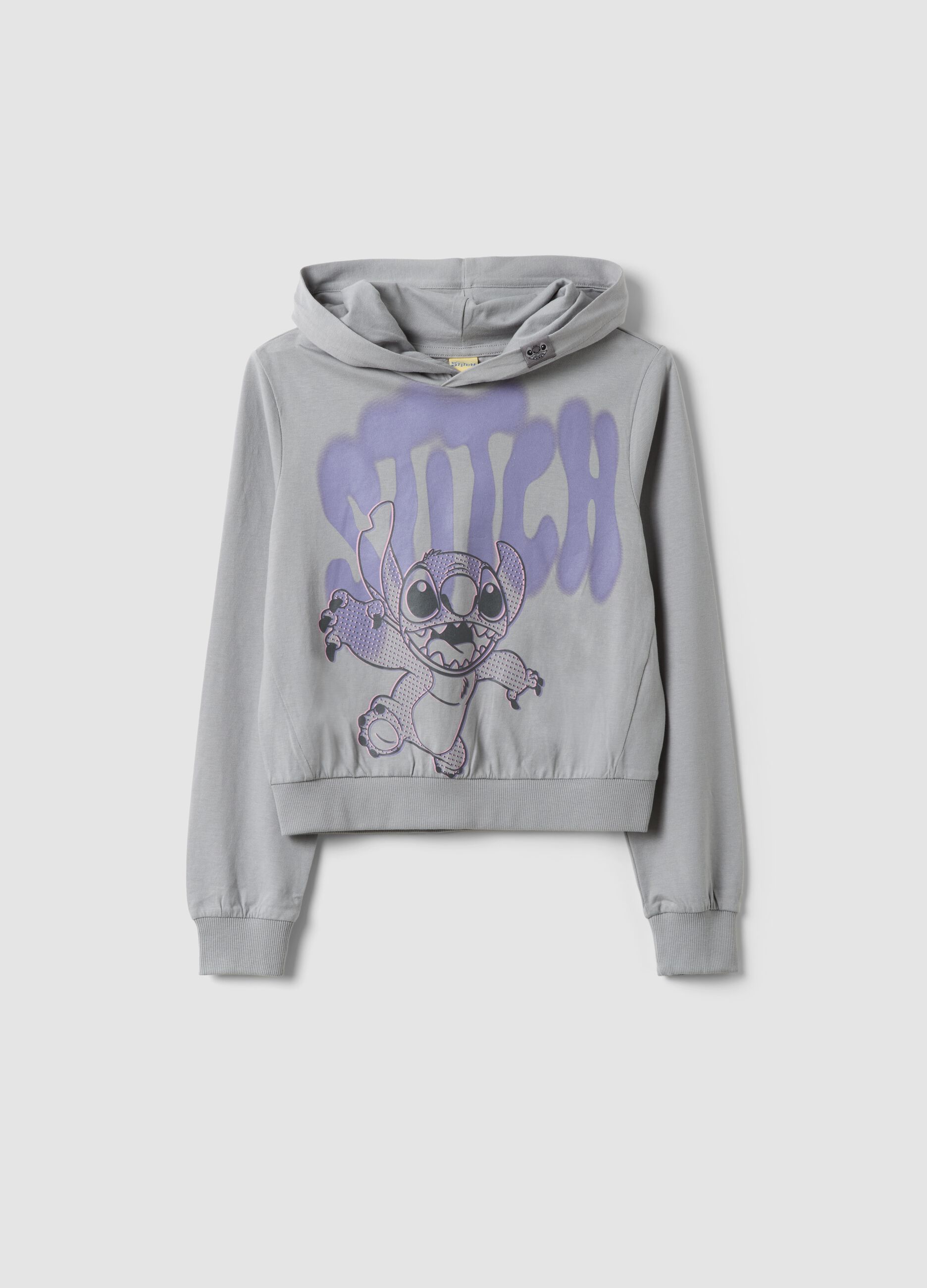 Grey pure cotton hoodie with Lilo & Stitch print for girls