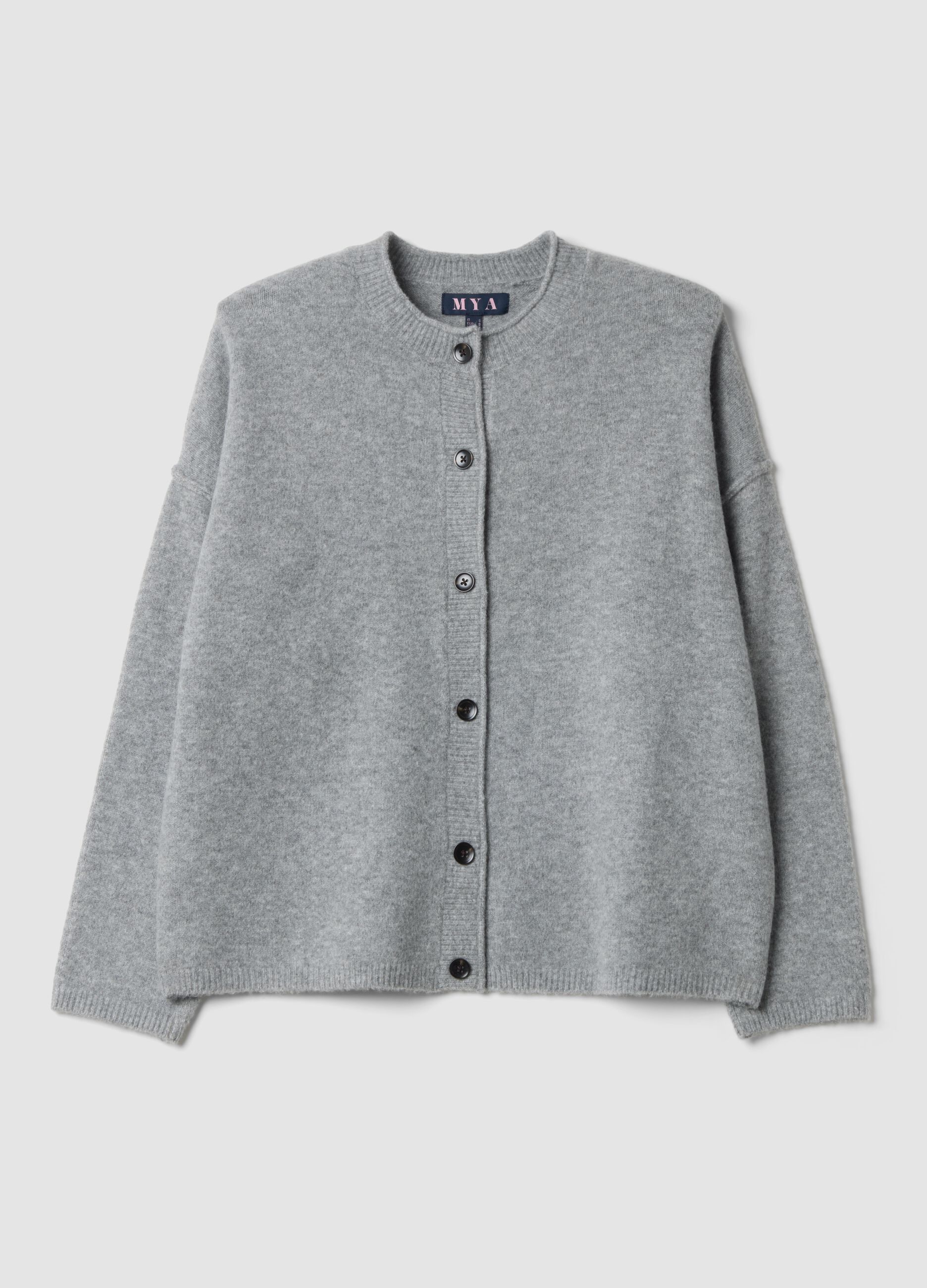 Grey Stretch Wool Crew-Neck Cardigan