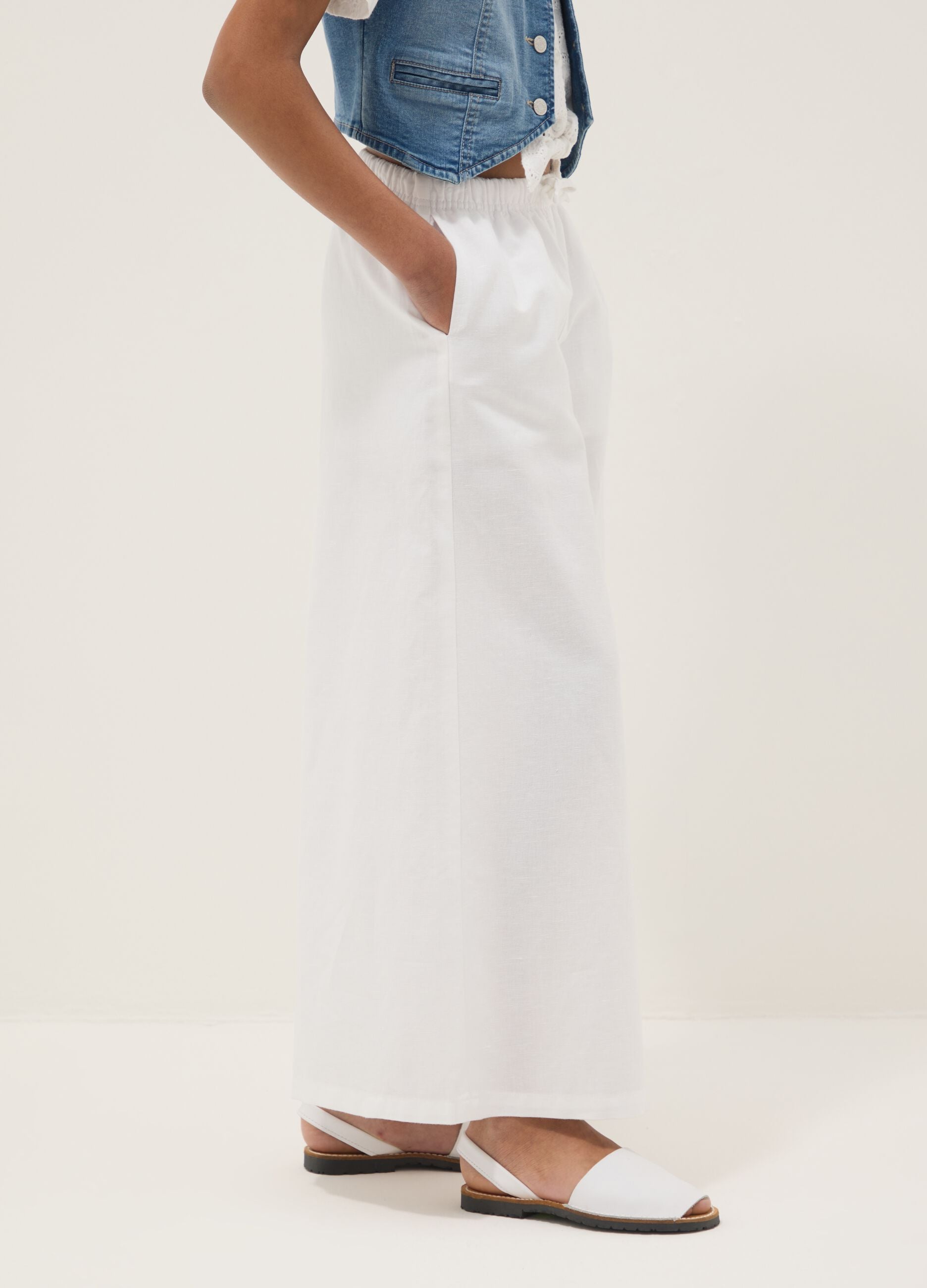 White linen and cotton blend palazzo trousers