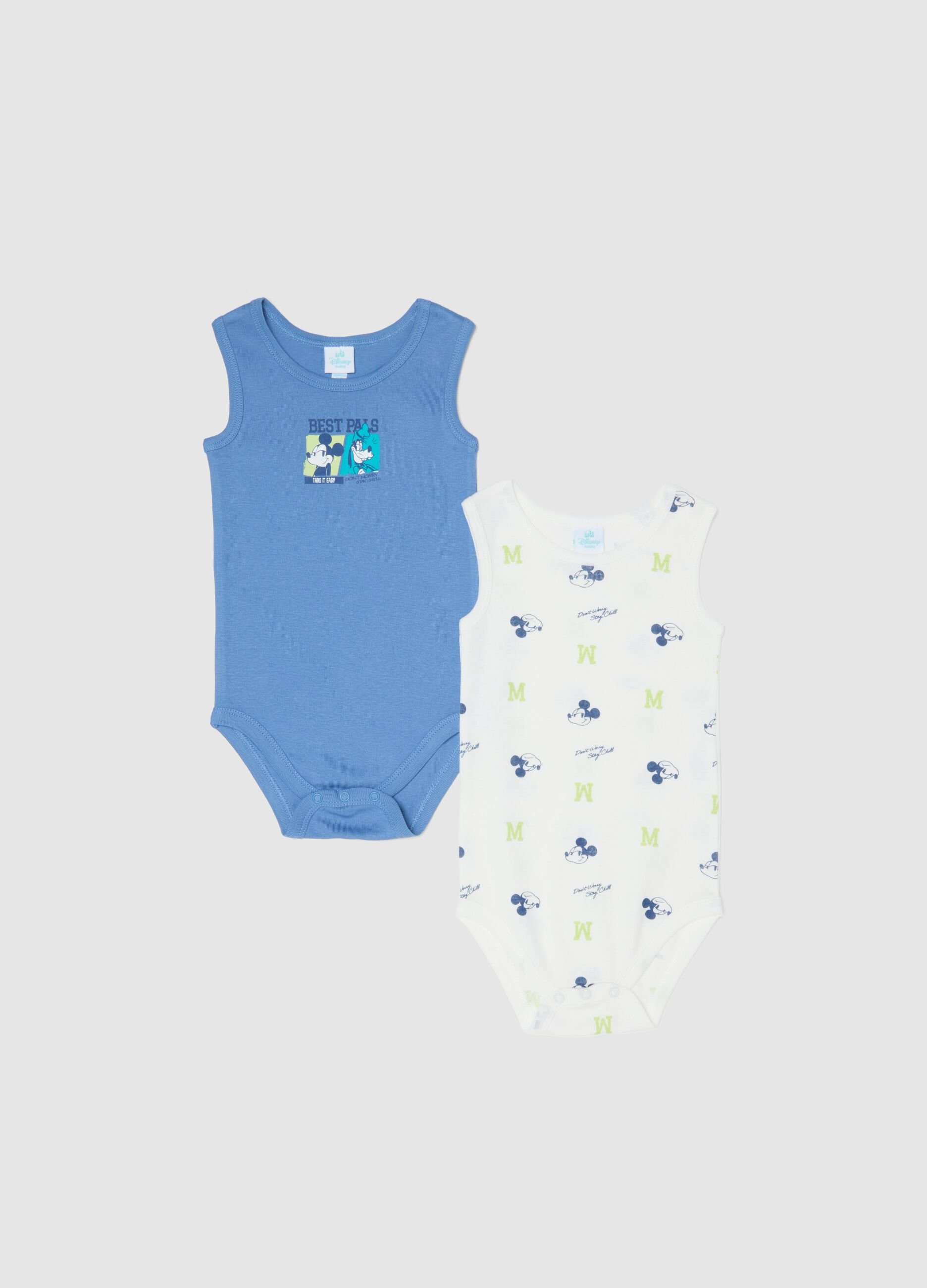 Sleeveless multicolour pure cotton baby Mickey Mouse bodysuit duo pack
