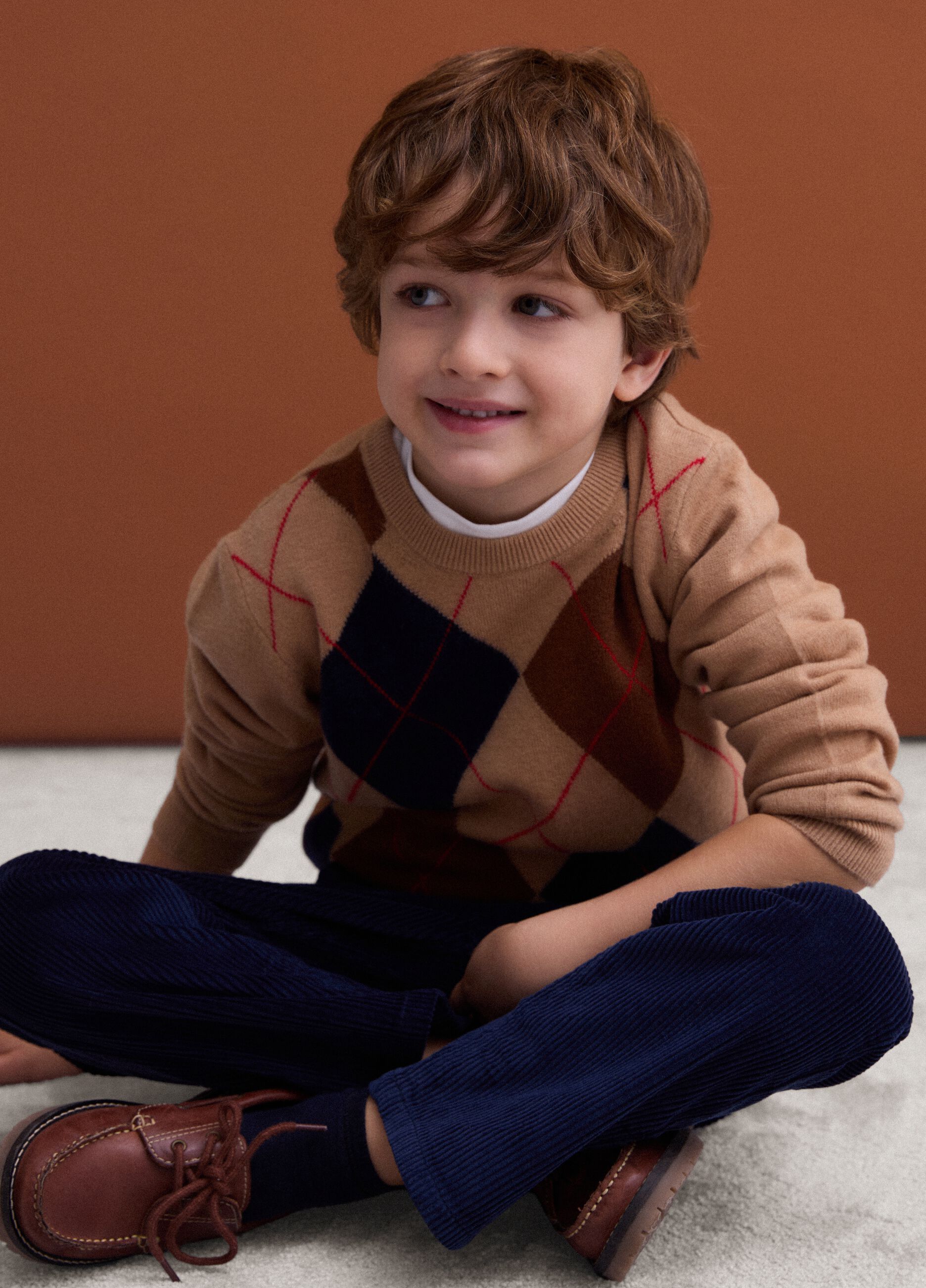Beige pure wool jumper with jacquard crew neck