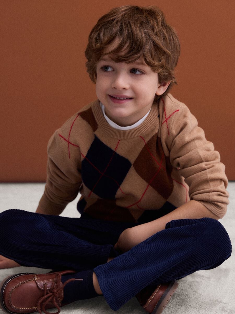 Maglione beige in pura lana con girocollo jacquard_0