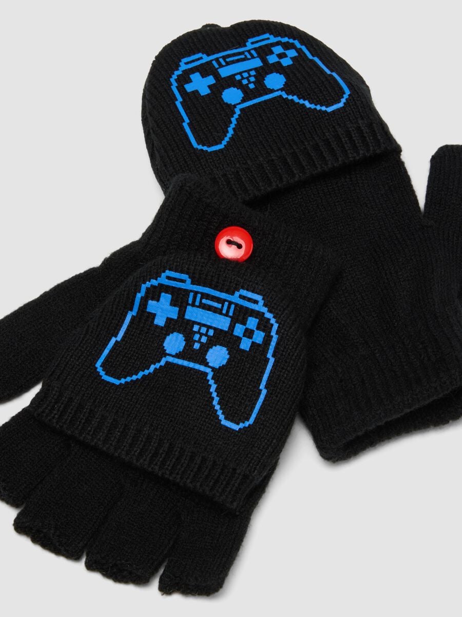 Black convertible gloves with videogame print_1