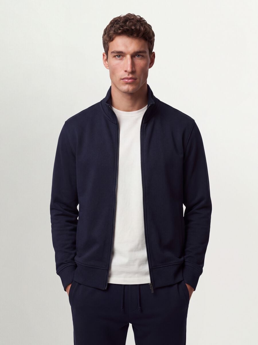 Blue cotton-blend sweatshirt with crew neck and zip, regular fit_0